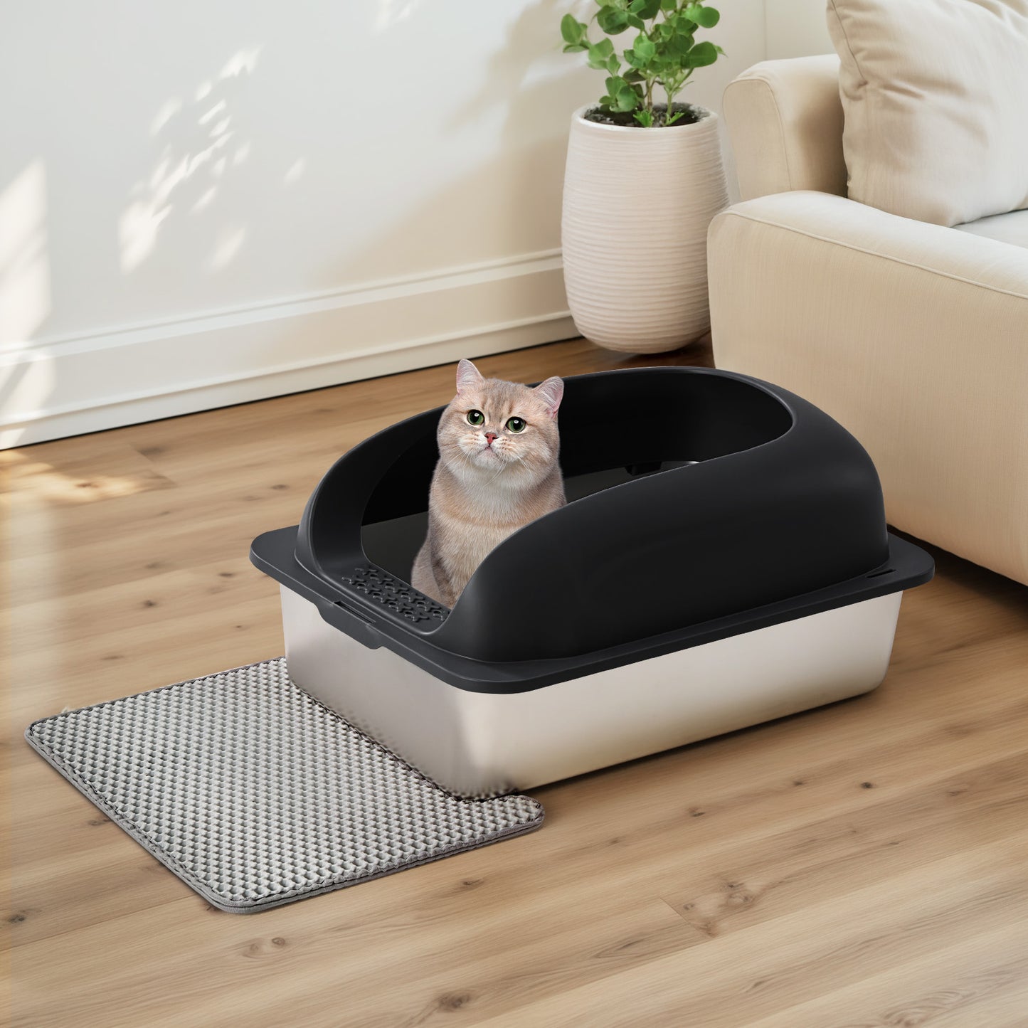 Large Stainless Steel Cat Litter Box with Lid, Odor-Free, Easy to Clean, Includes Scoop & Mat