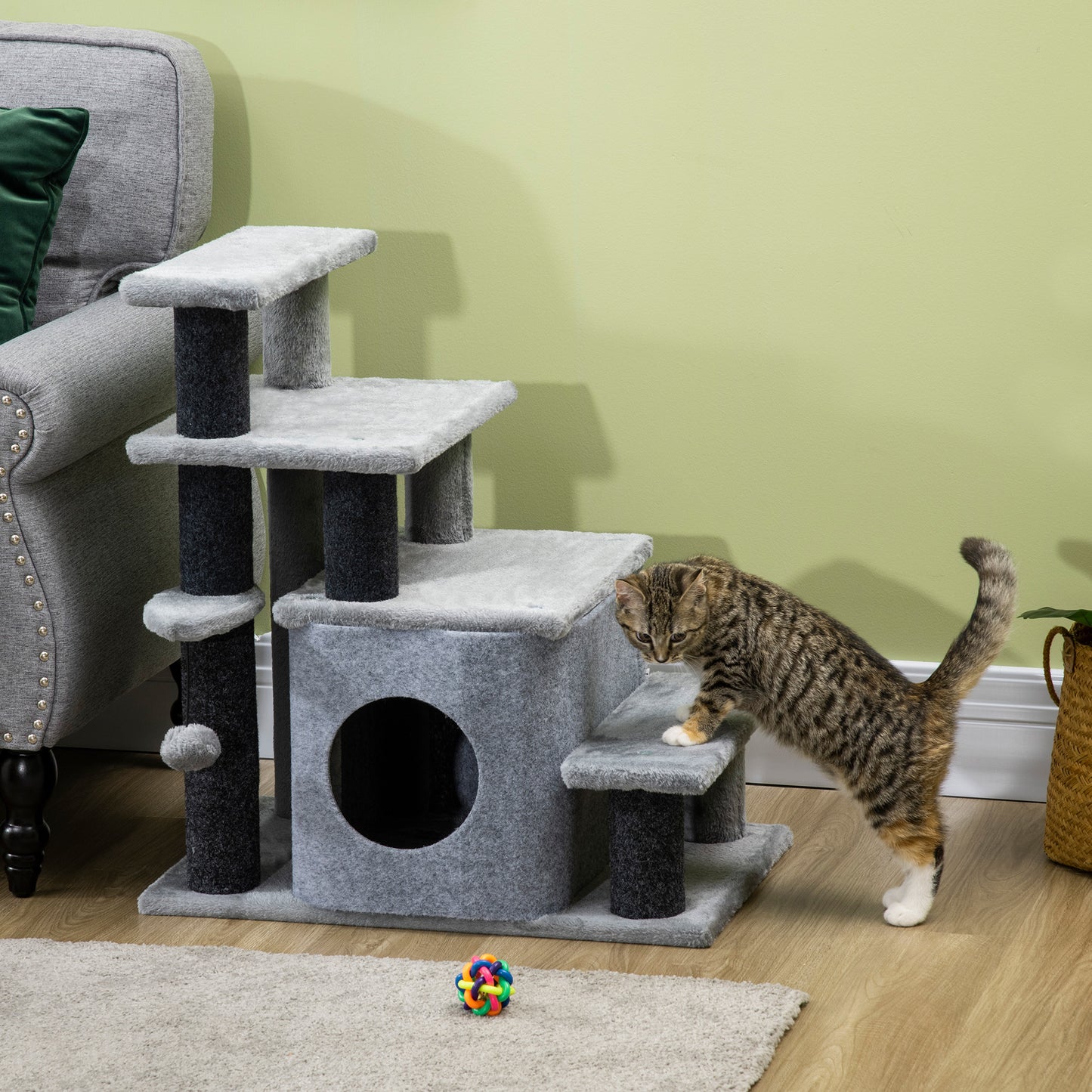 Adjustable 3-4 Step Cat Stairs with Scratching Post & Toy Ball - Gray