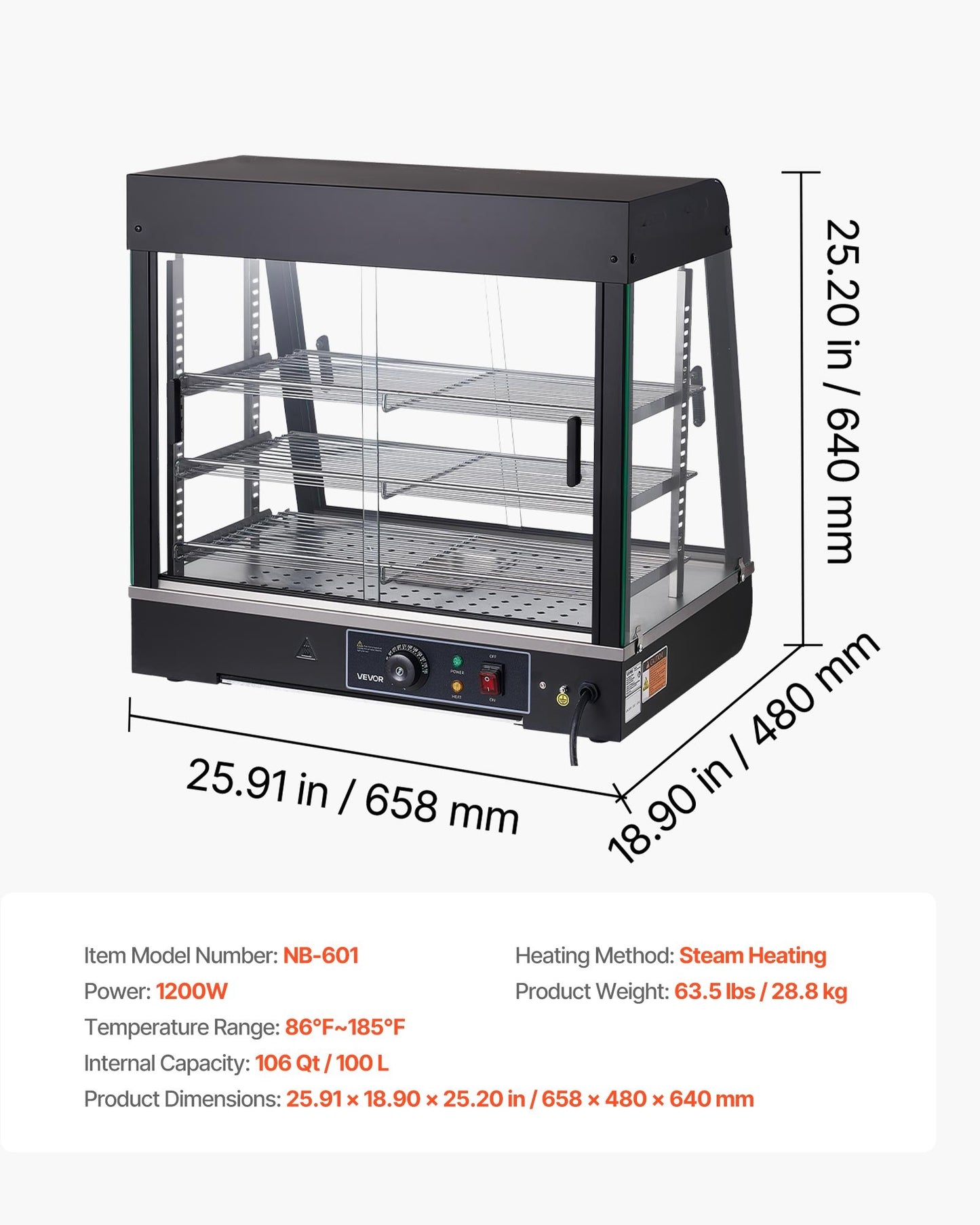 3-Tier Commercial Food Warmer Display with LED Light, Adjustable Shelves, 86°F-185°F, 106Qt