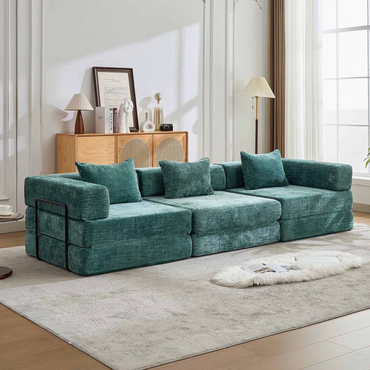 Convertible Floor Sofa Bed - Dark Green Chenille Fabric