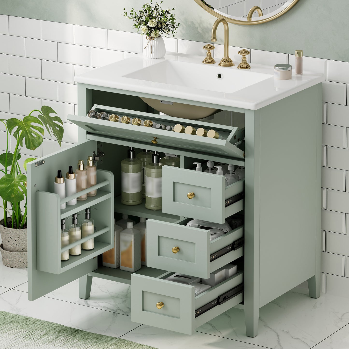 30-Inch Light Green Bathroom Vanity with Sink and Storage