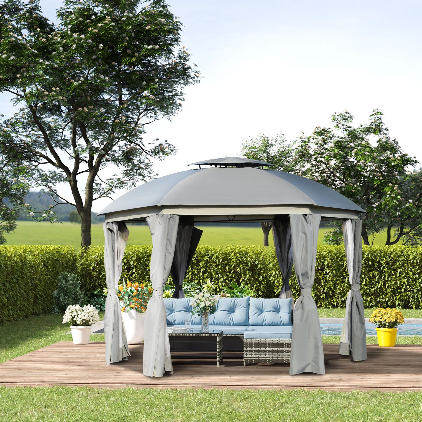 12-Foot Round Outdoor Gazebo Canopy with Double Roof & Curtains