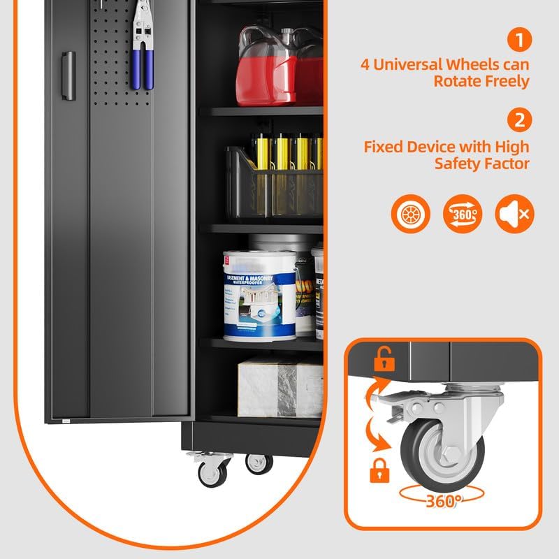 Metal Storage Cabinet on Wheels - Lockable Black with 5 Shelves