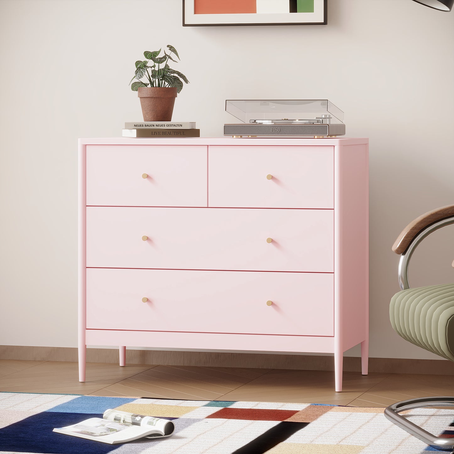 Pink 4-Drawer Wooden Kids Dresser - Modern Storage Cabinet