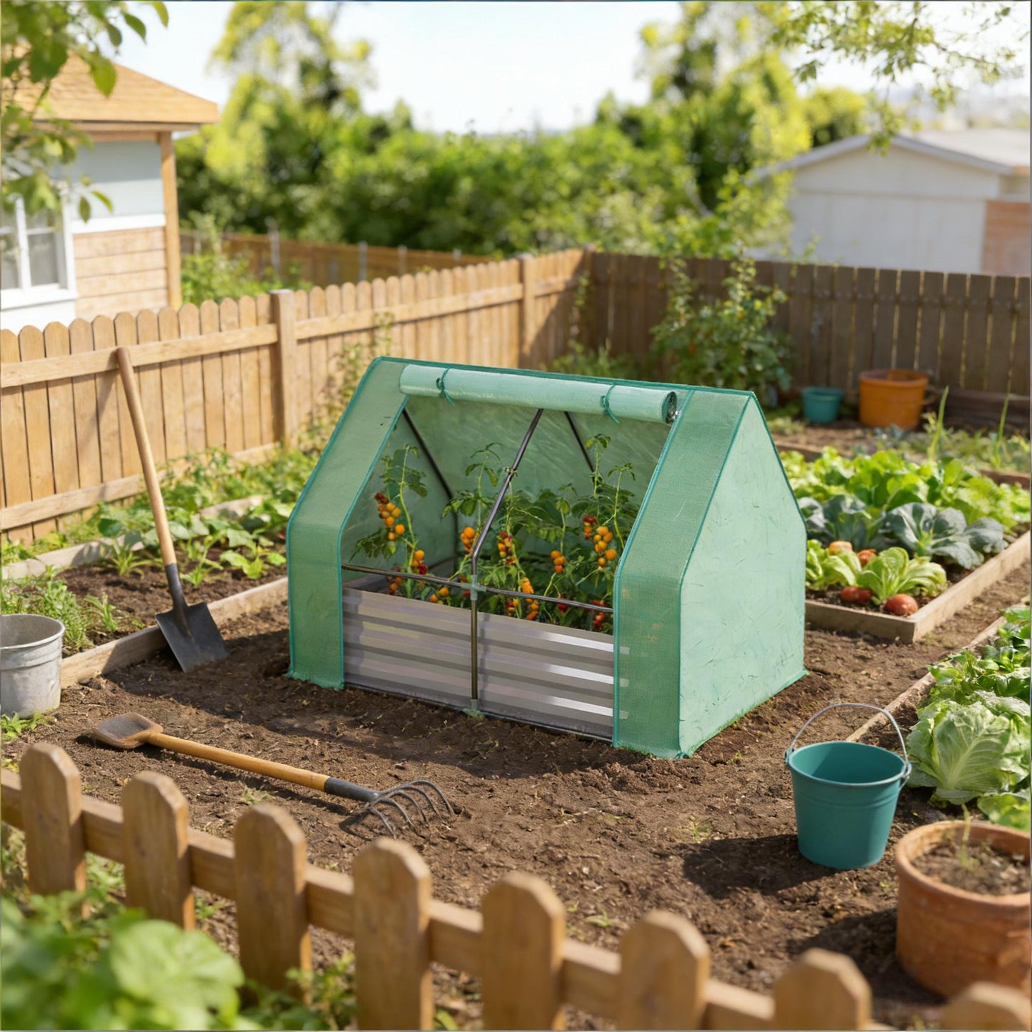 2-in-1 Raised Garden Bed and Mini Greenhouse - Dark Gray/Green
