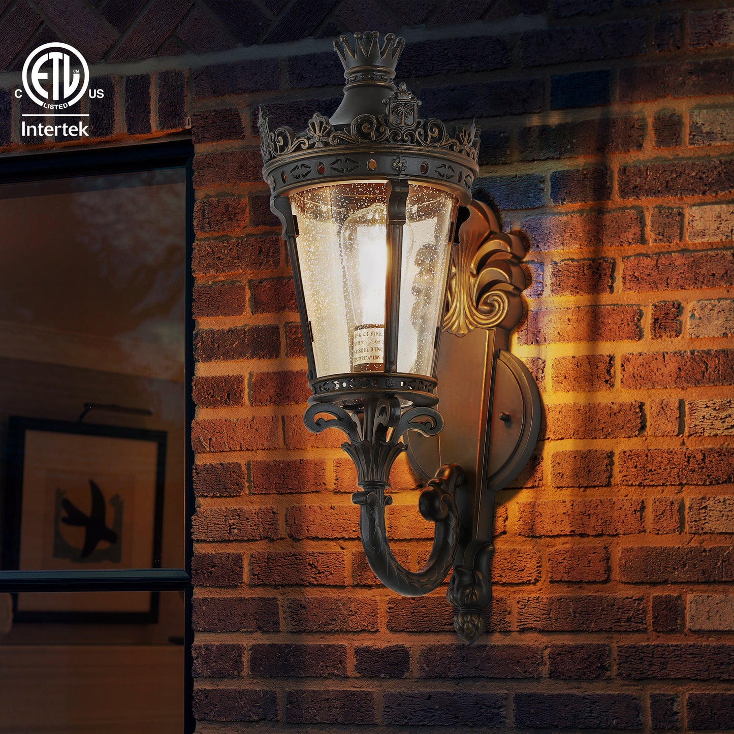 Vintage Outdoor Wall Lantern - Waterproof Exterior Sconce with Glass & Crown Top