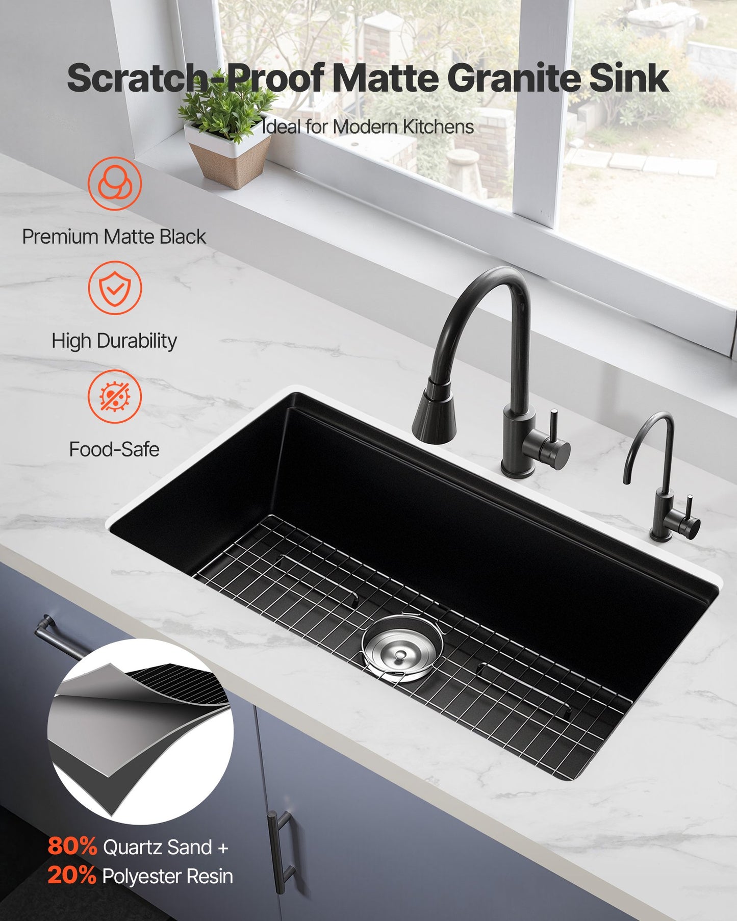 33 Inch Undermount Granite Kitchen Sink - Single Bowl Black