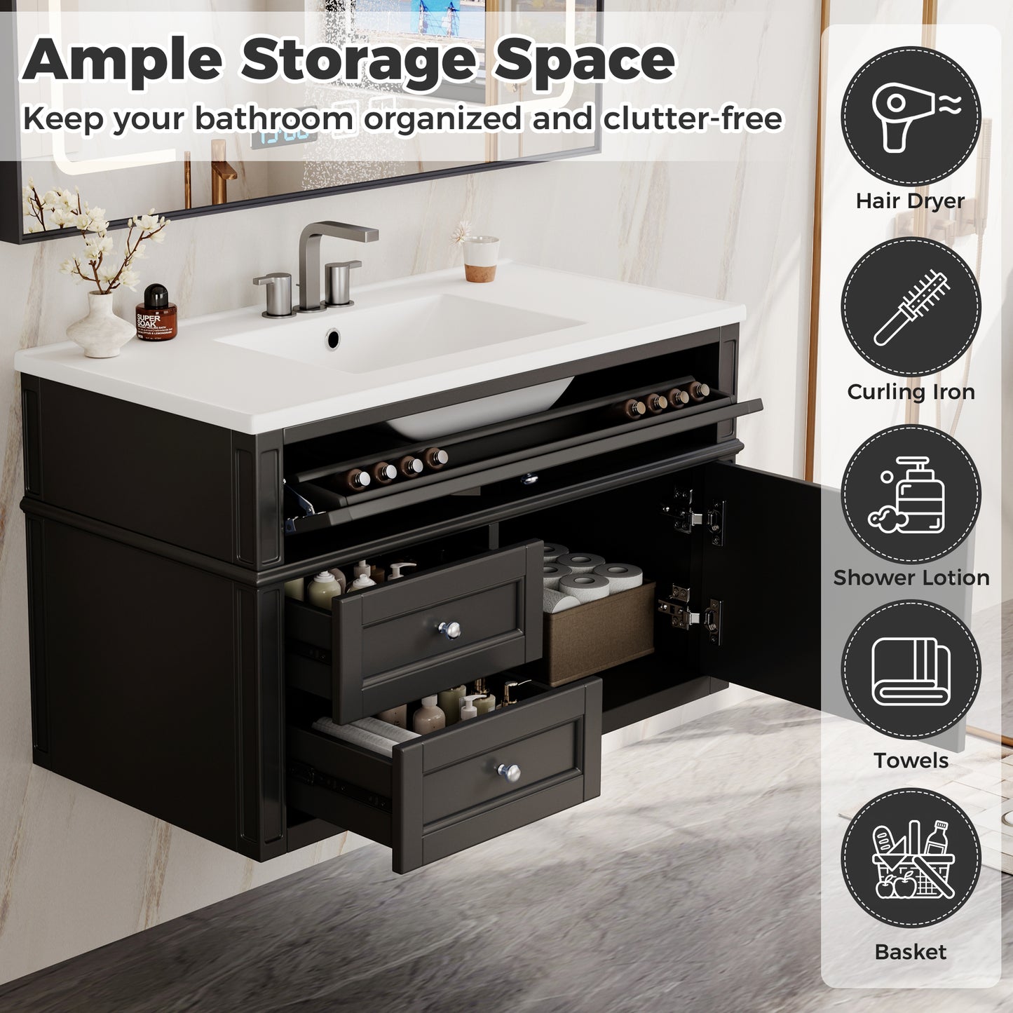 36-Inch Wall Mounted Bathroom Vanity with Ceramic Sink - Black