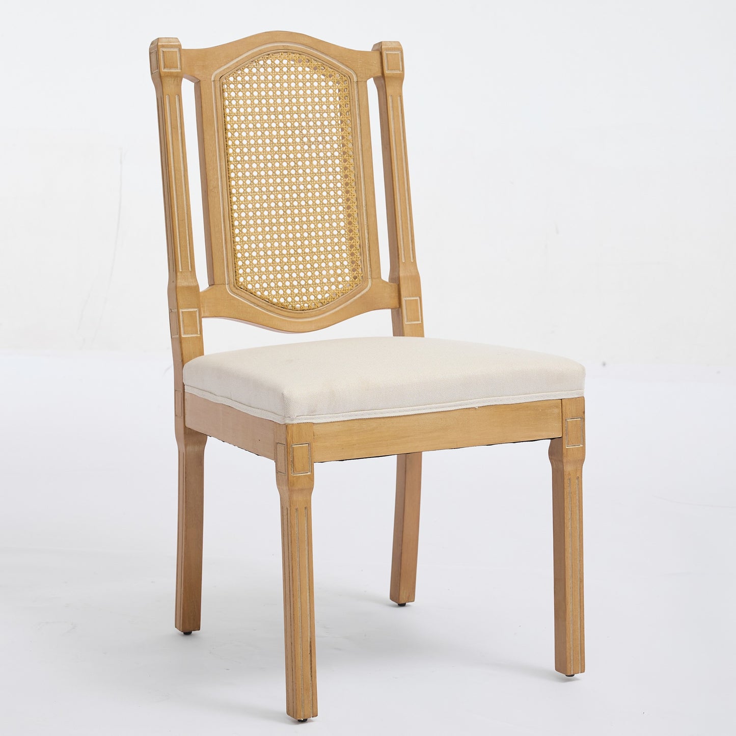 Solid Wood Rattan-Back Dining Chair with Linen Cushion - Beige