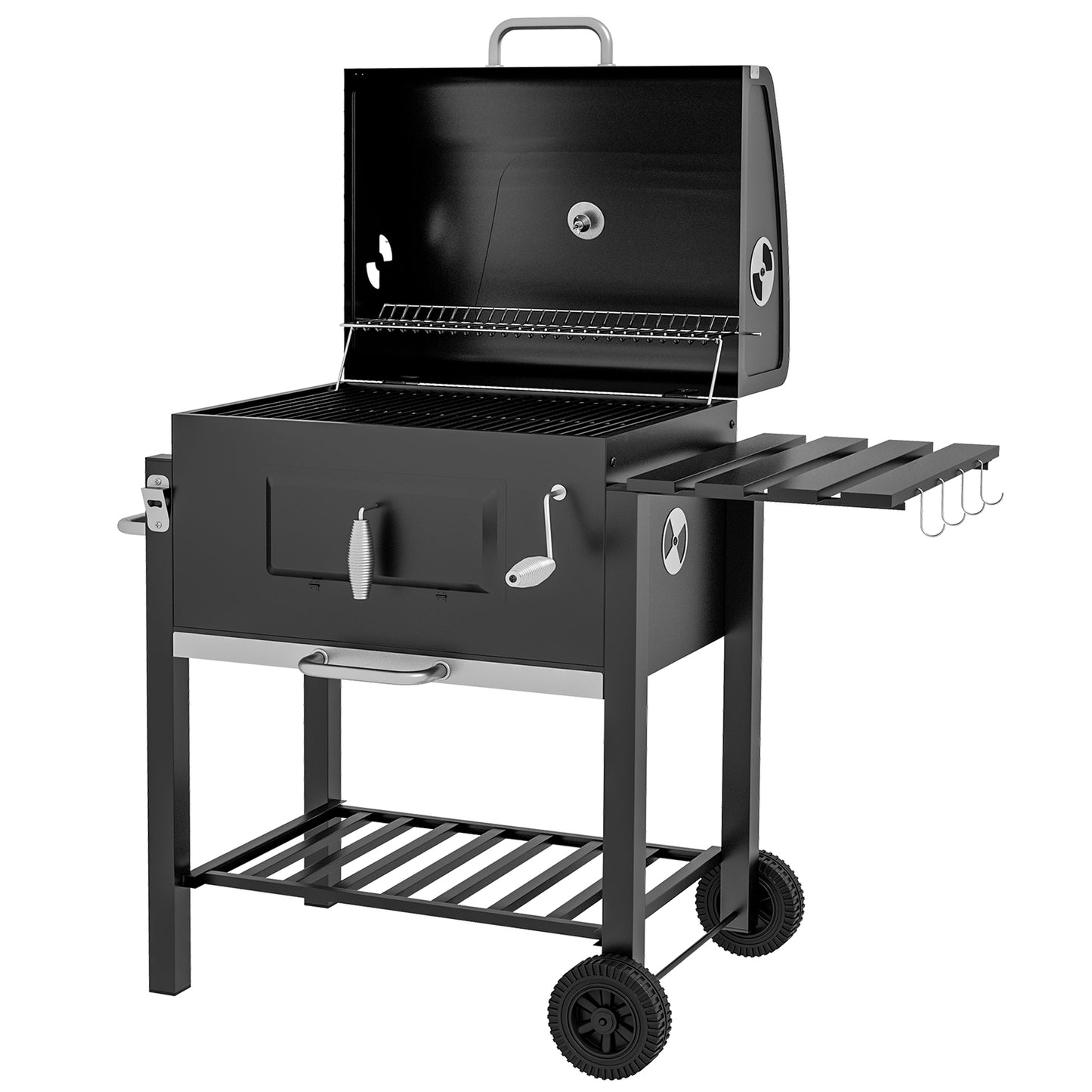 Portable Charcoal BBQ Grill and Smoker Combo with Side Shelf - Black