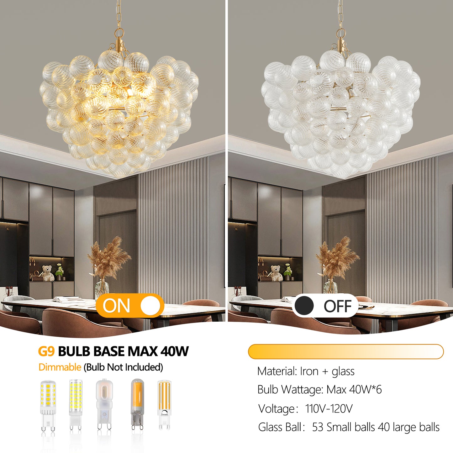 Gold Pendant Light Fixture with Clear Glass Globe - Adjustable Height, Modern Ceiling Lighting for Living & Dining Rooms