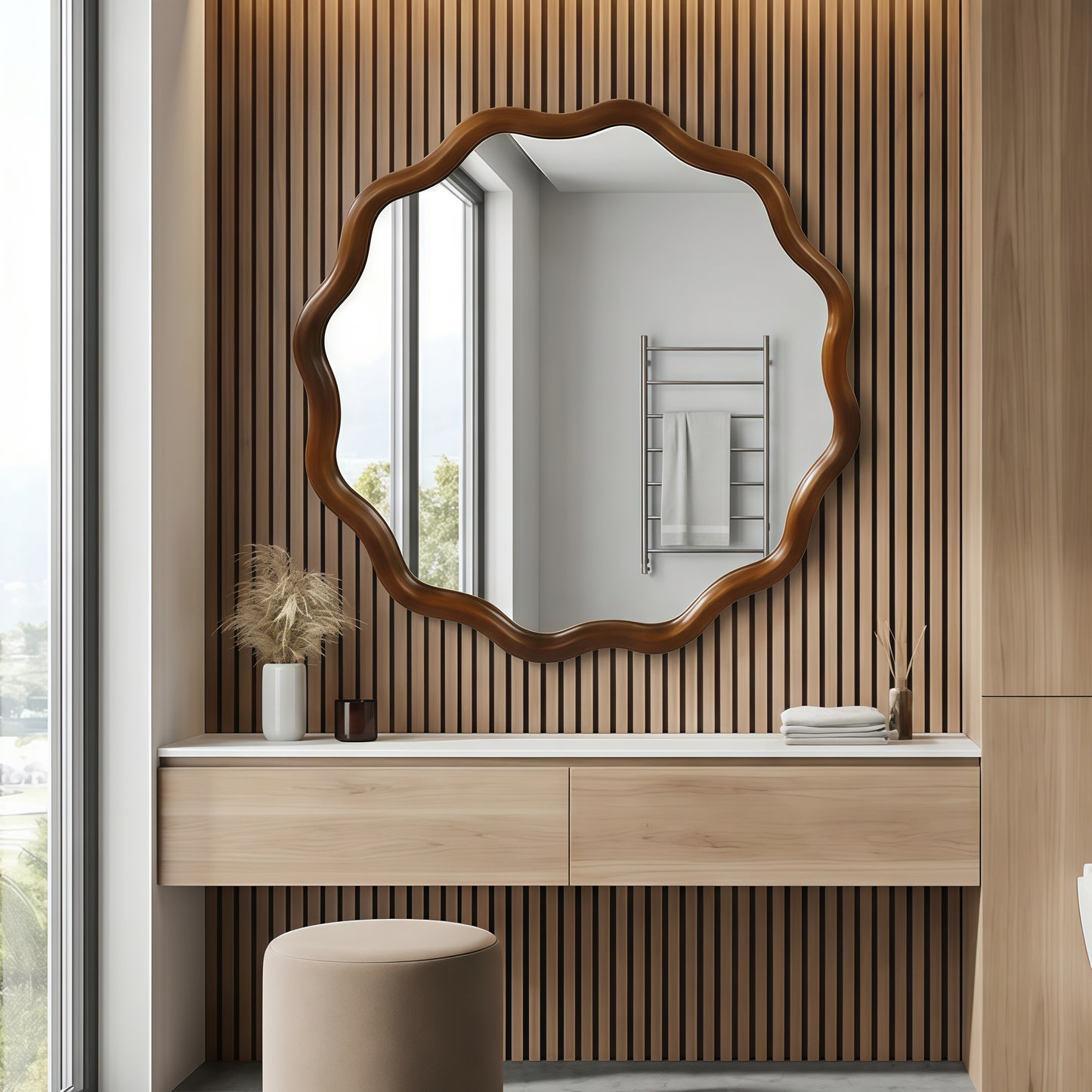36-Inch Wavy Round Decorative Mirror - Black Walnut Frame