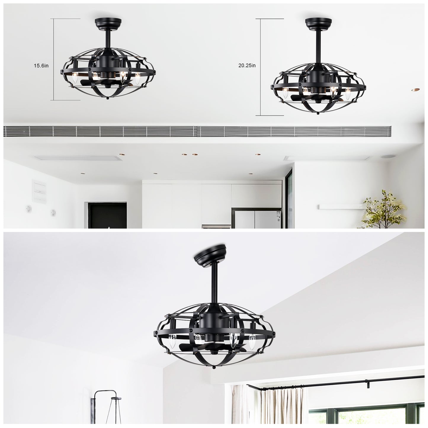 20.63 Inch Matte Black Caged Ceiling Fan with Lights - Farmhouse