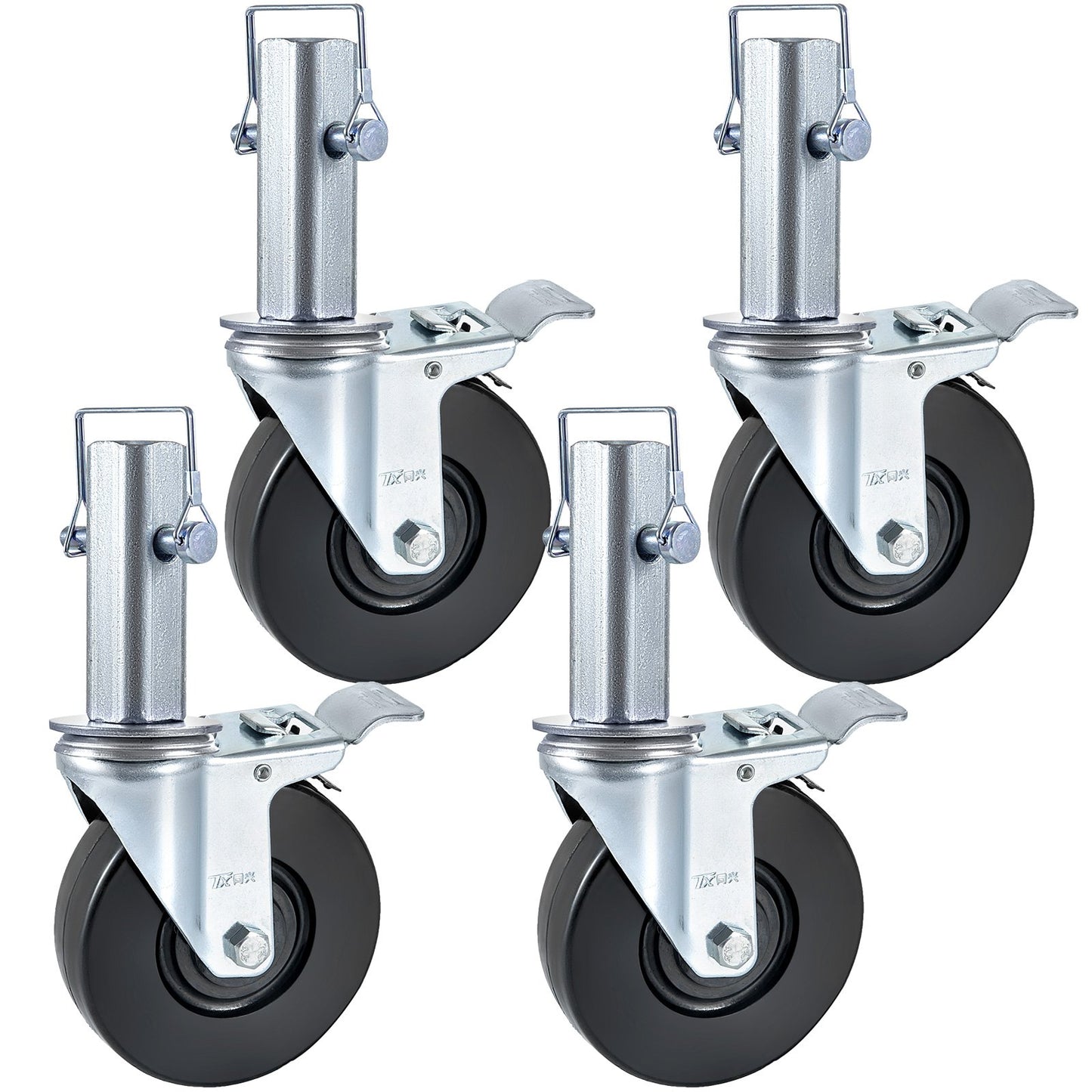 Heavy Duty Swivel Caster Wheels Set with Locking - 4 Pack, 5 Inch Rubber Casters, 1.25 Inch Square Stem, 440LBS Capacity