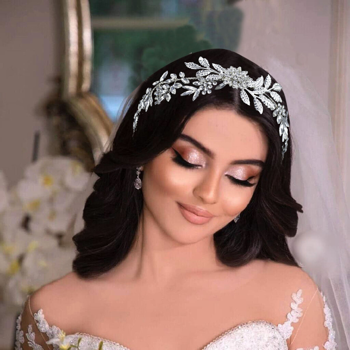 Rhinestone Leaf Headband - Silver