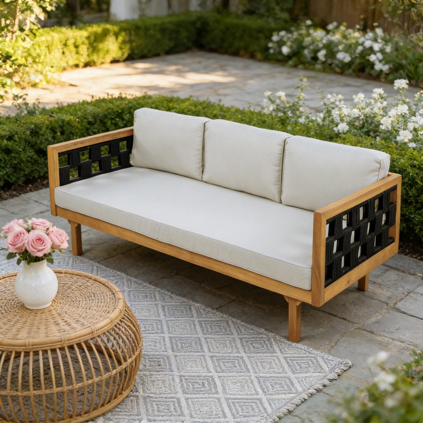Three-Seater Outdoor Daybed - Acacia Wood Teak Finish Frame With
