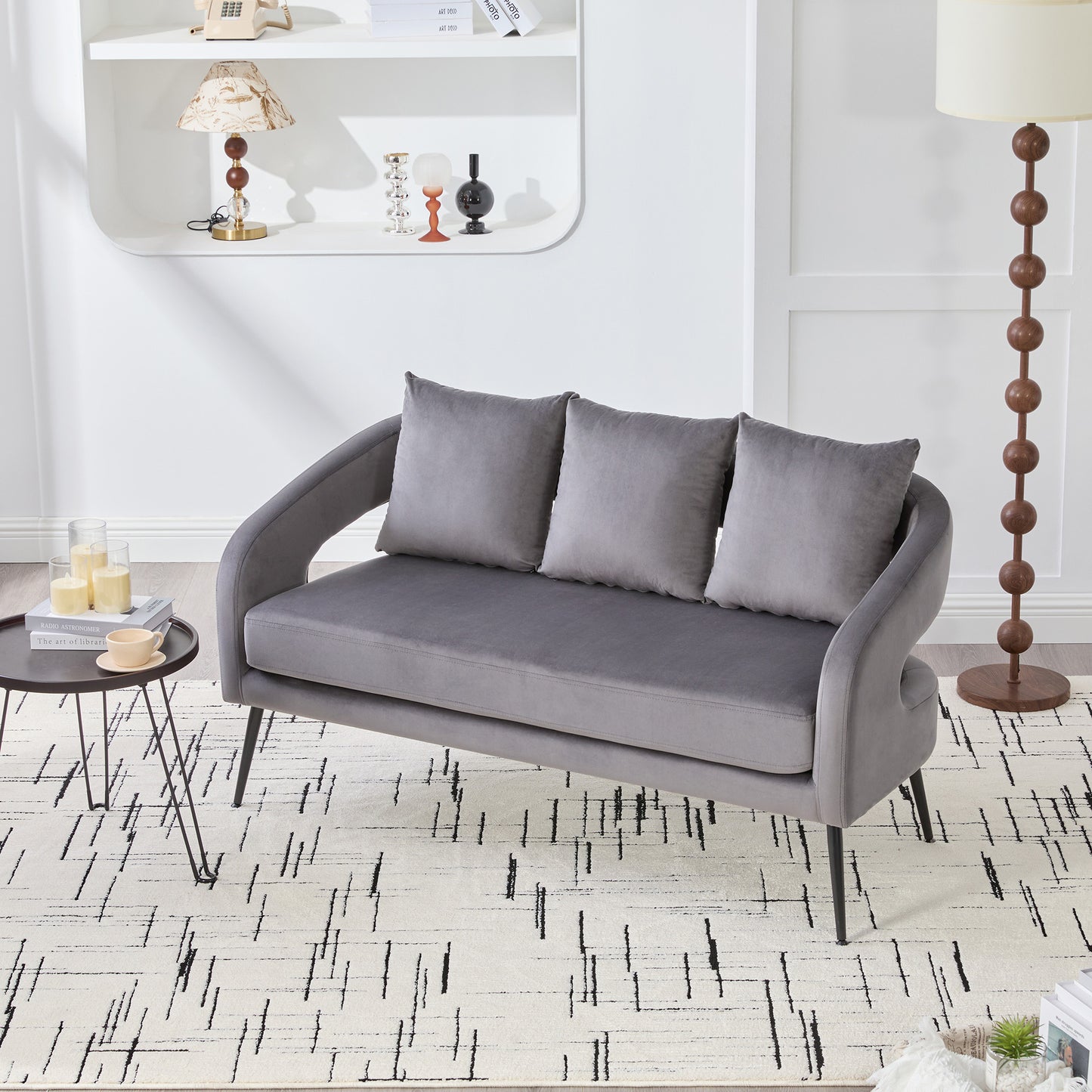 Modern Velvet Loveseat Settee with 3 Pillows - Charcoal