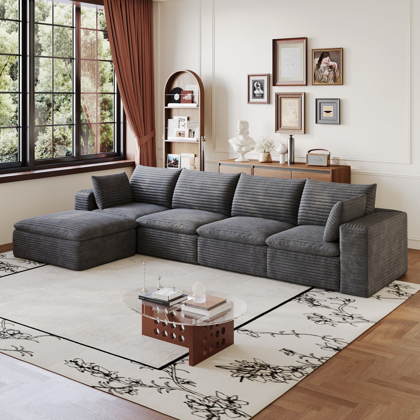 134" Cloud Sofa - Dark Grey Corduroy Fabric, Deep Seat, Removable Cushion