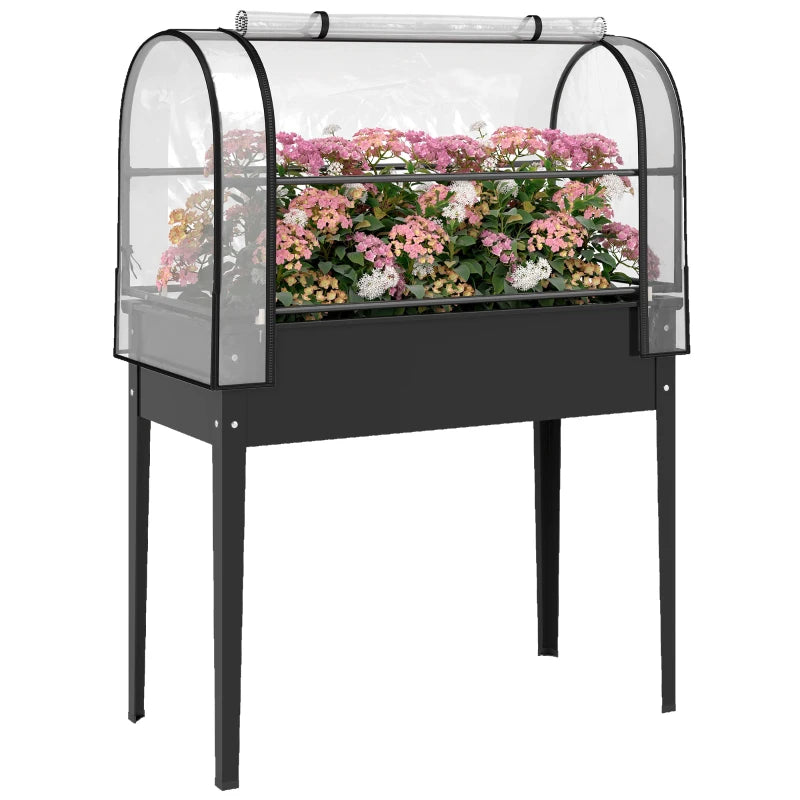Raised Garden Bed with Mini Greenhouse - Black Planter Box