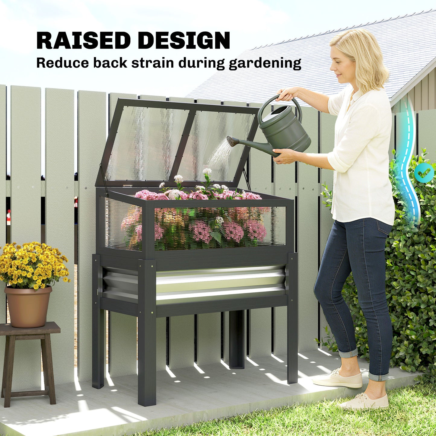 Raised Garden Bed with Flip-Up Greenhouse - Elevated Planter Box, Gray, 980x540x145mm