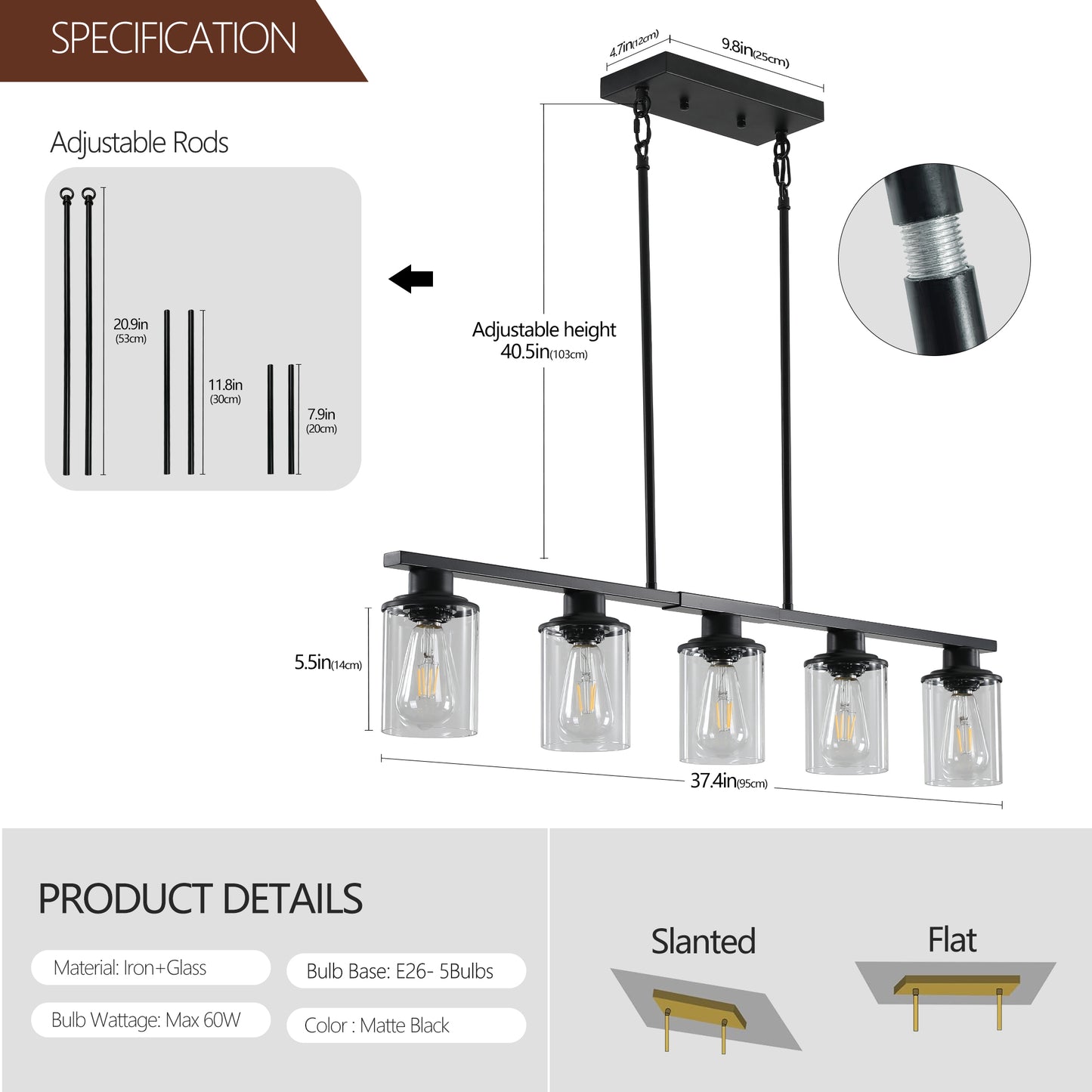Modern Industrial 5-Light Chandelier - Matte Black & Glass Shades