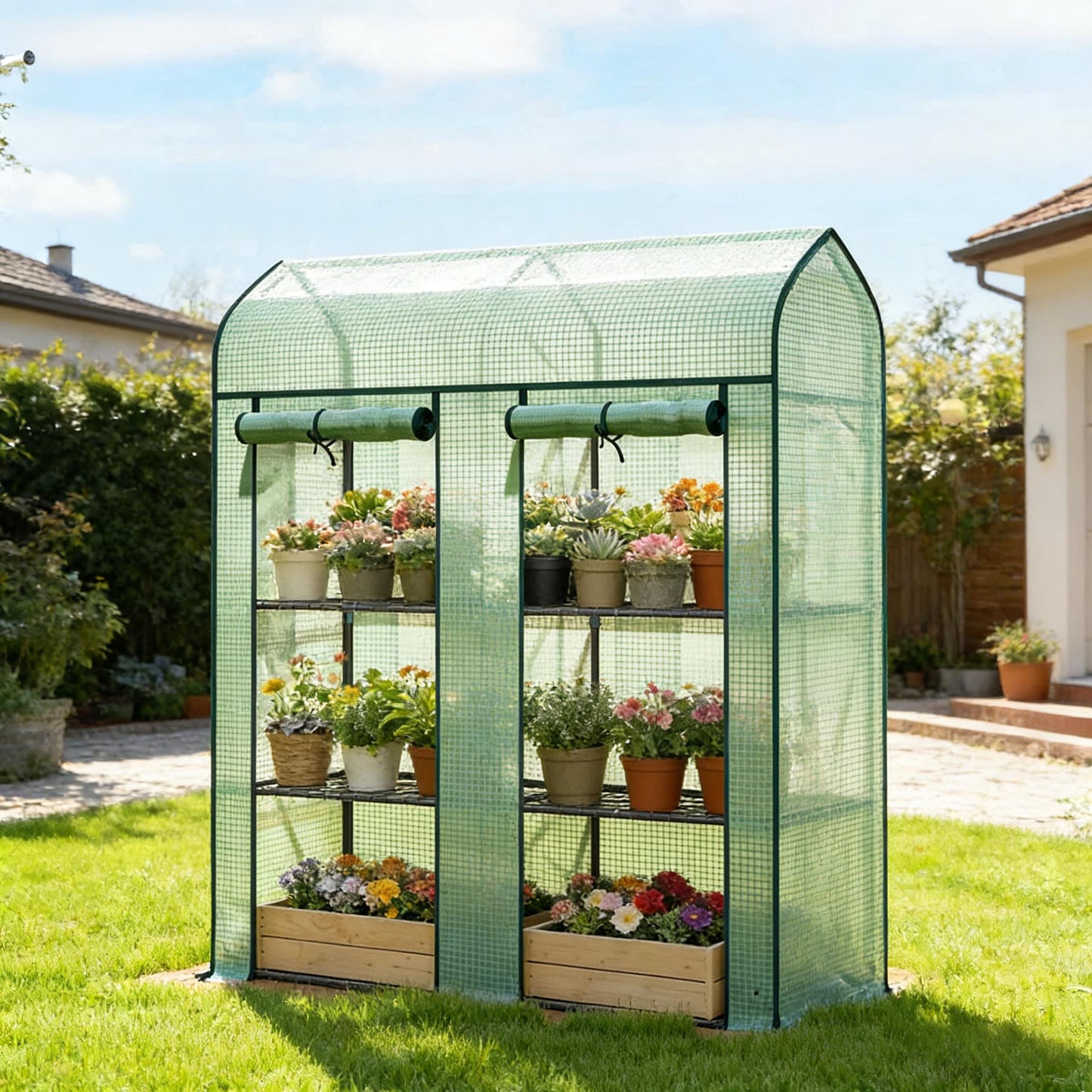 Portable Mini Greenhouse with Three-Tier Plant Shelf - Green