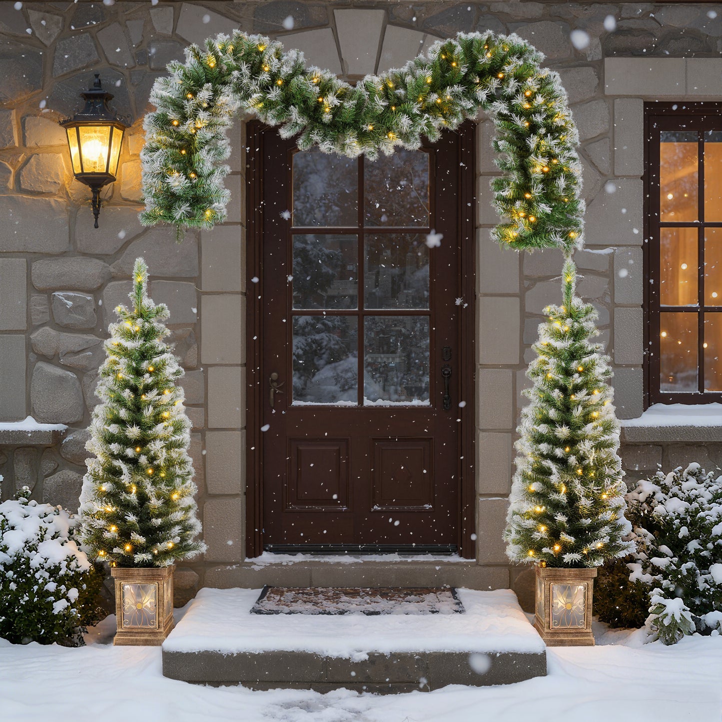 Artificial Christmas Wreath & 2 Pre-Lit Entrance Trees Set - White & Green