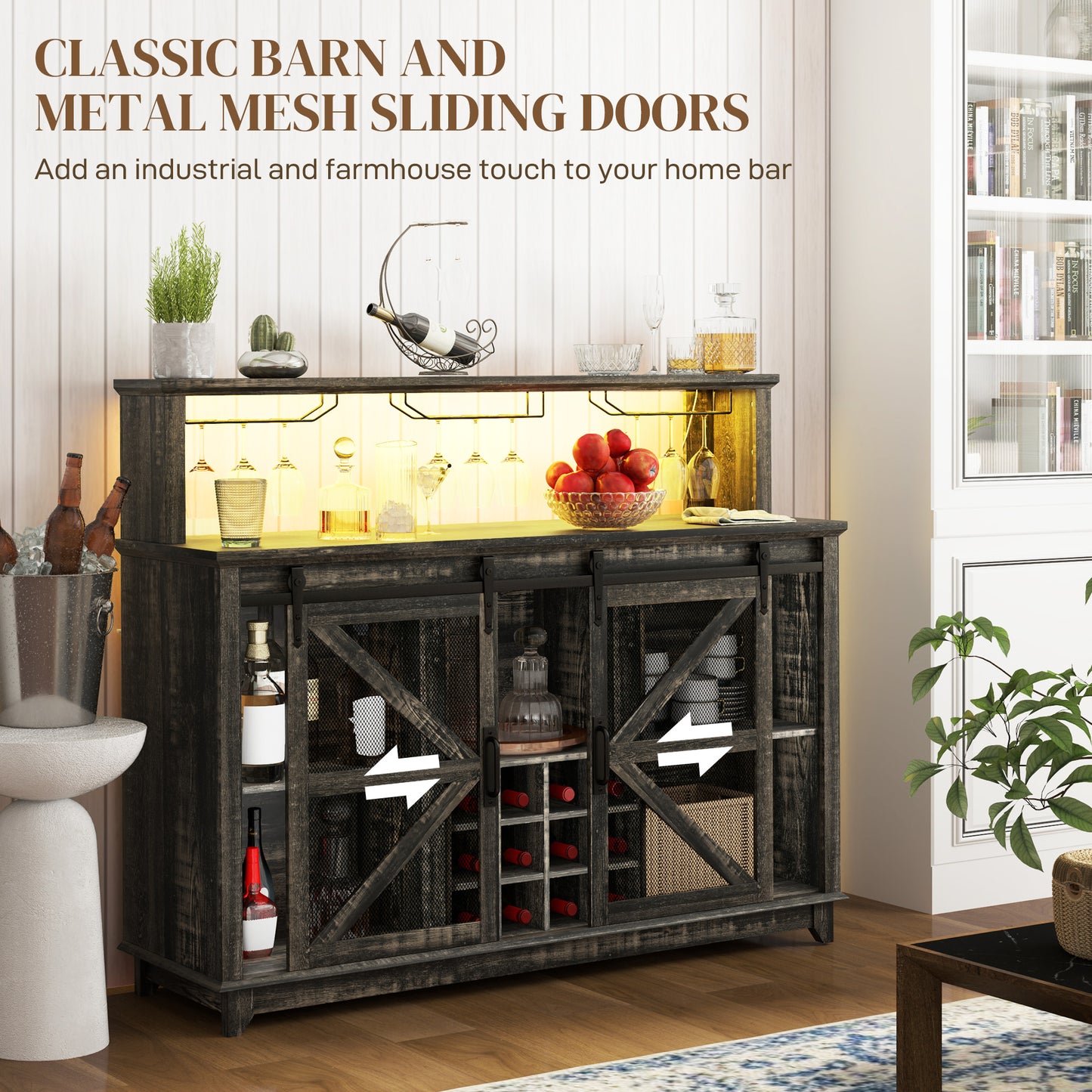 55" Distressed Brown Coffee Bar Cabinet with LED Lights