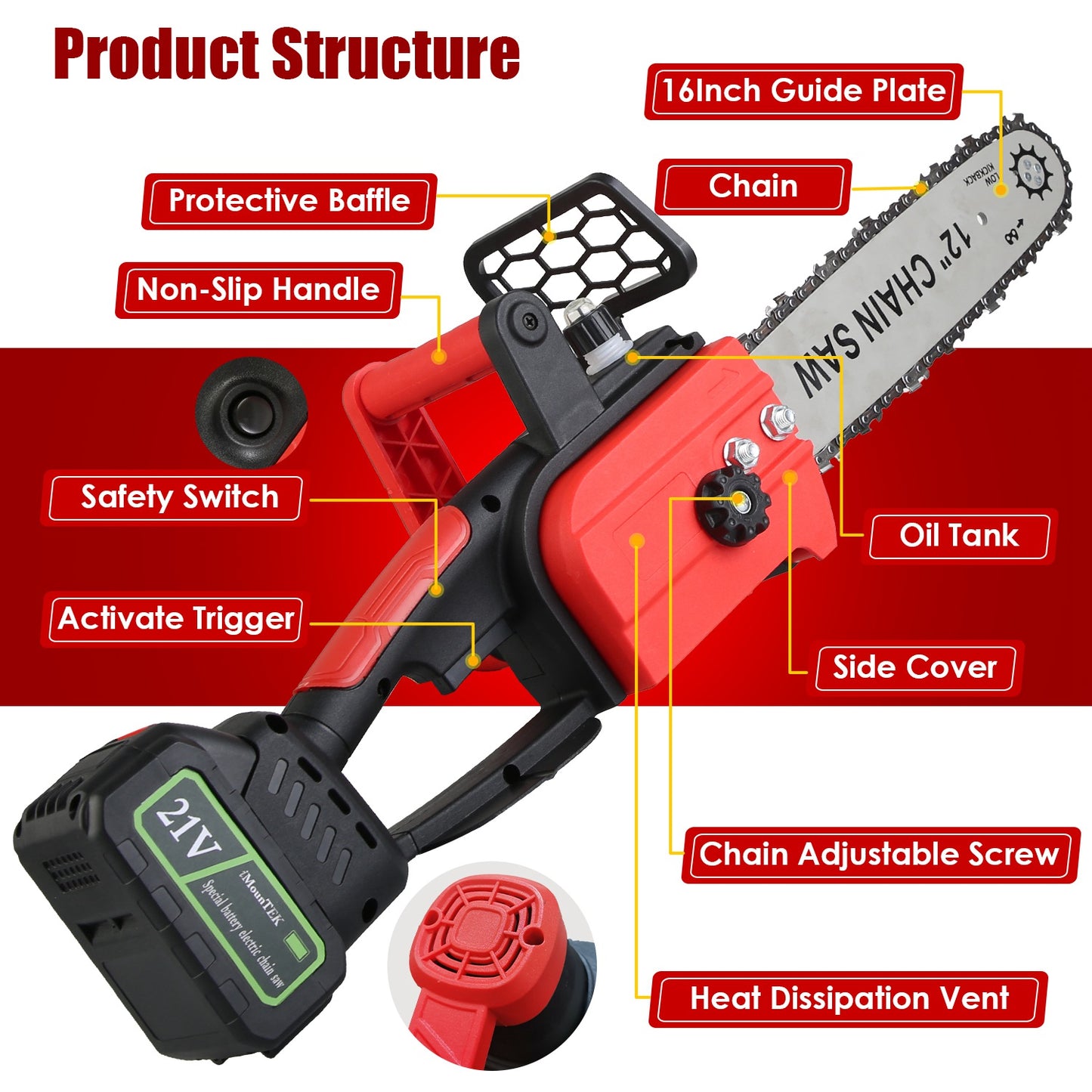 12-Inch Cordless Electric Chainsaw with 21V Battery & Auto Oiler - Tree & Wood Cutting