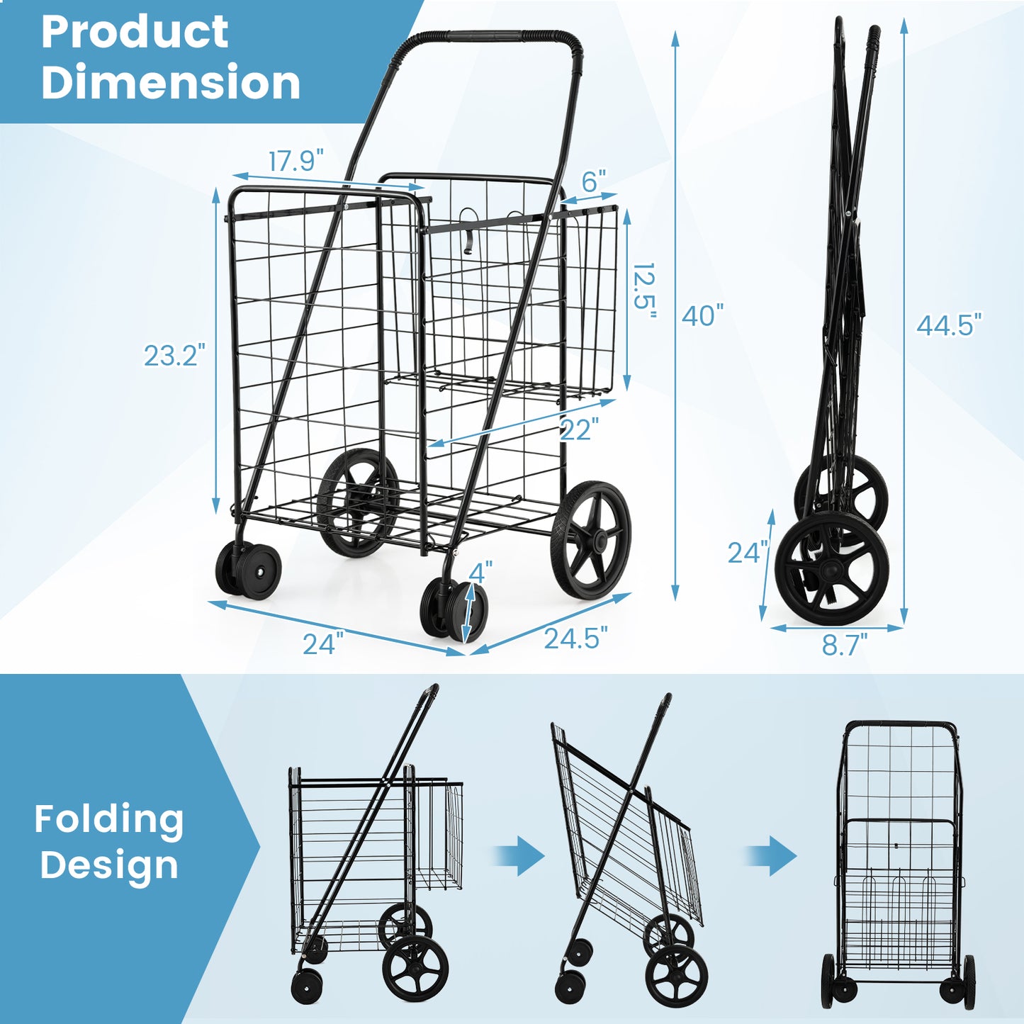 Folding Shopping Cart with Swiveling Wheels and Dual Baskets