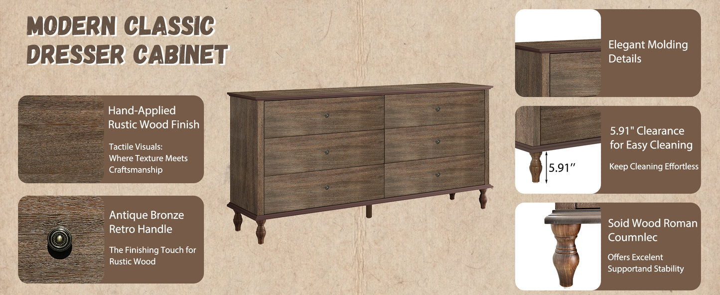 6-Drawer Double Wide Wood Dresser - Deep Rustic Brown