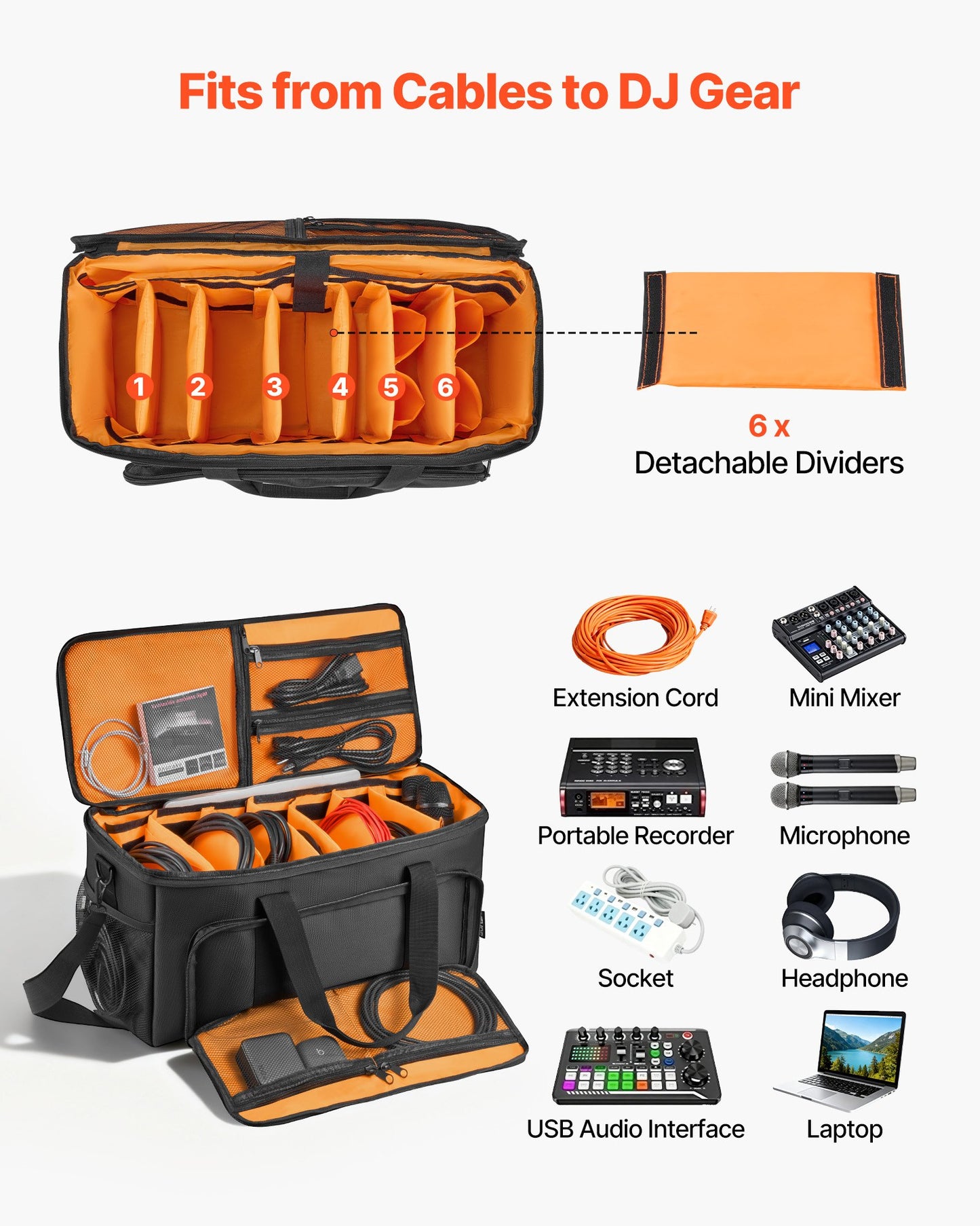 Rolling DJ Cable Bag with Wheels and Detachable Dividers, 1680D Padded Travel Case