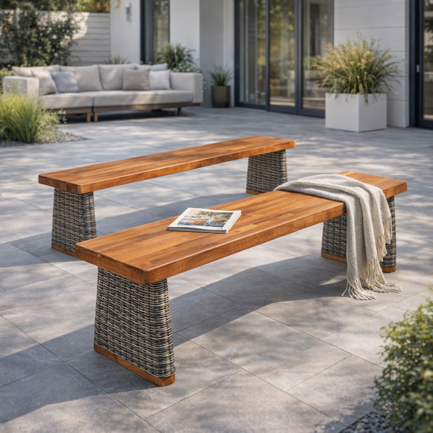 Acacia Wood Outdoor Bench Set of 2 - Grey Teak Finish