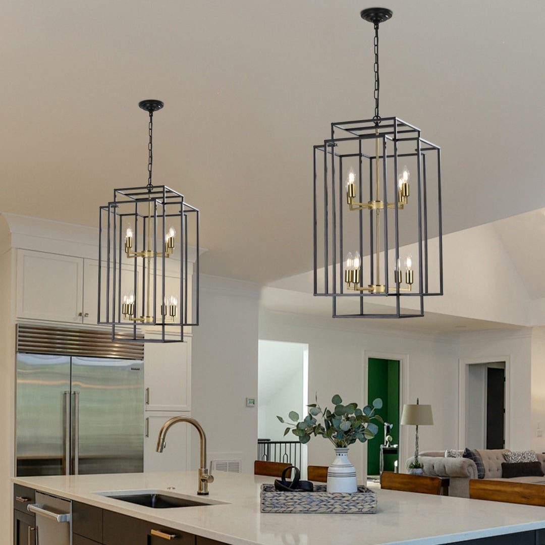 Modern 8-Light Black Gold Geometric Pendant Chandelier