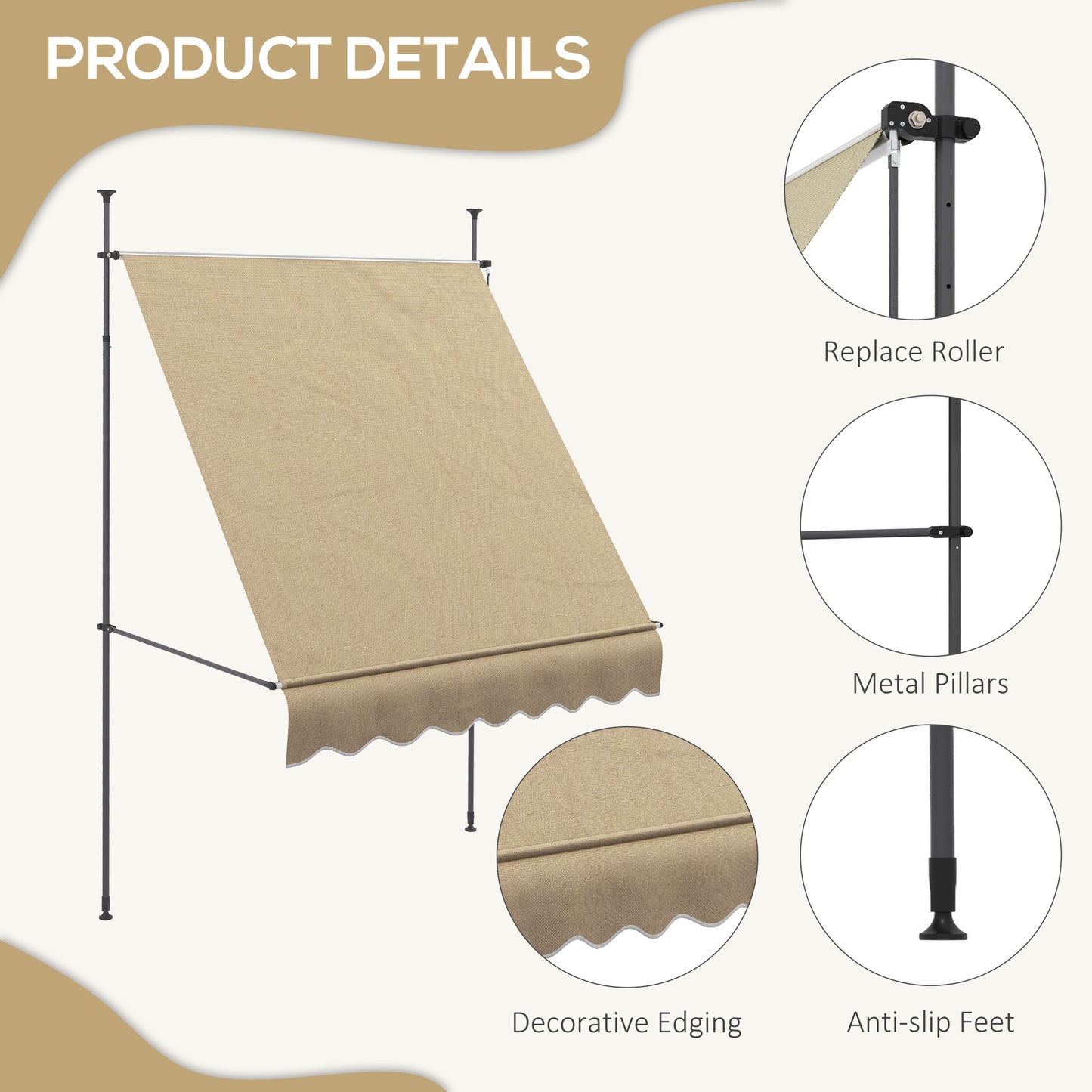 Manual Retractable Patio Awning - UV Resistant, 6.5' x 4', Beige