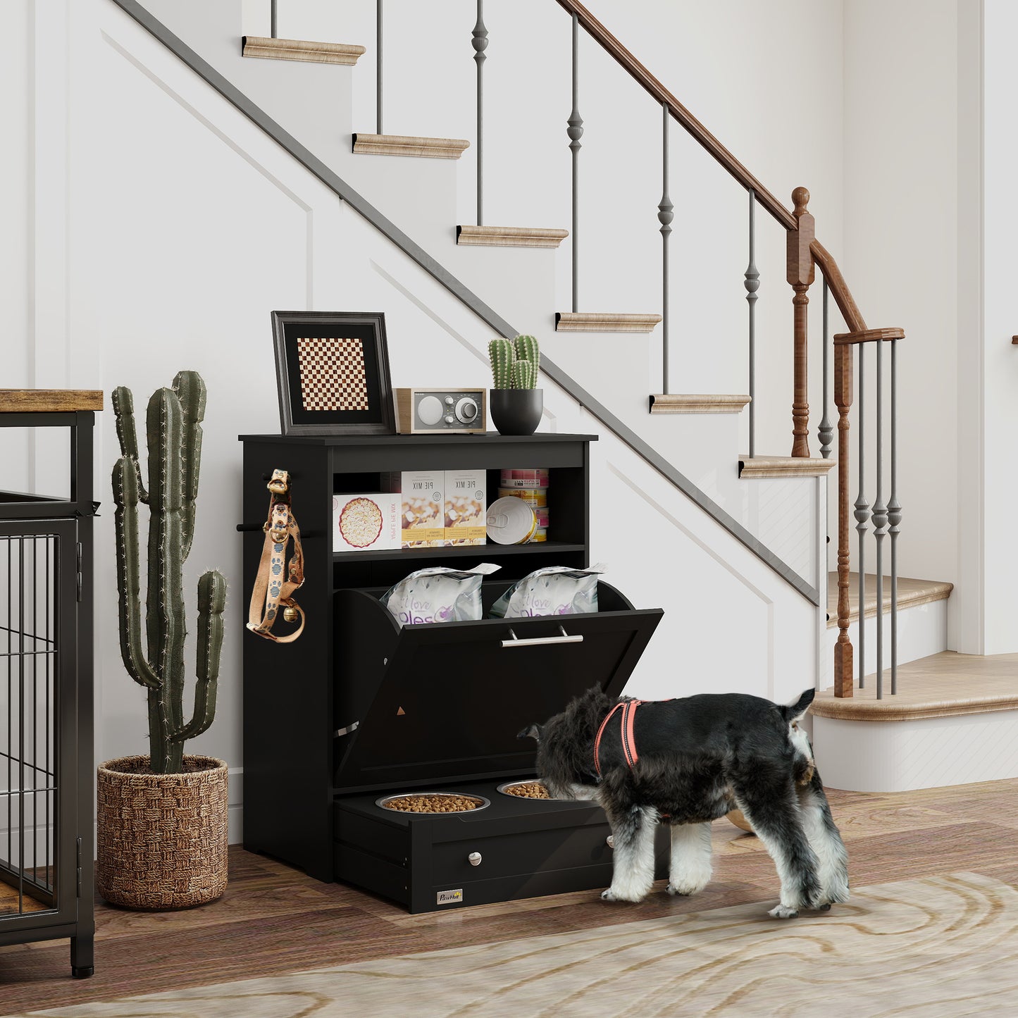 Pet Feeder Station with Storage Cabinet and Raised Bowls - Black