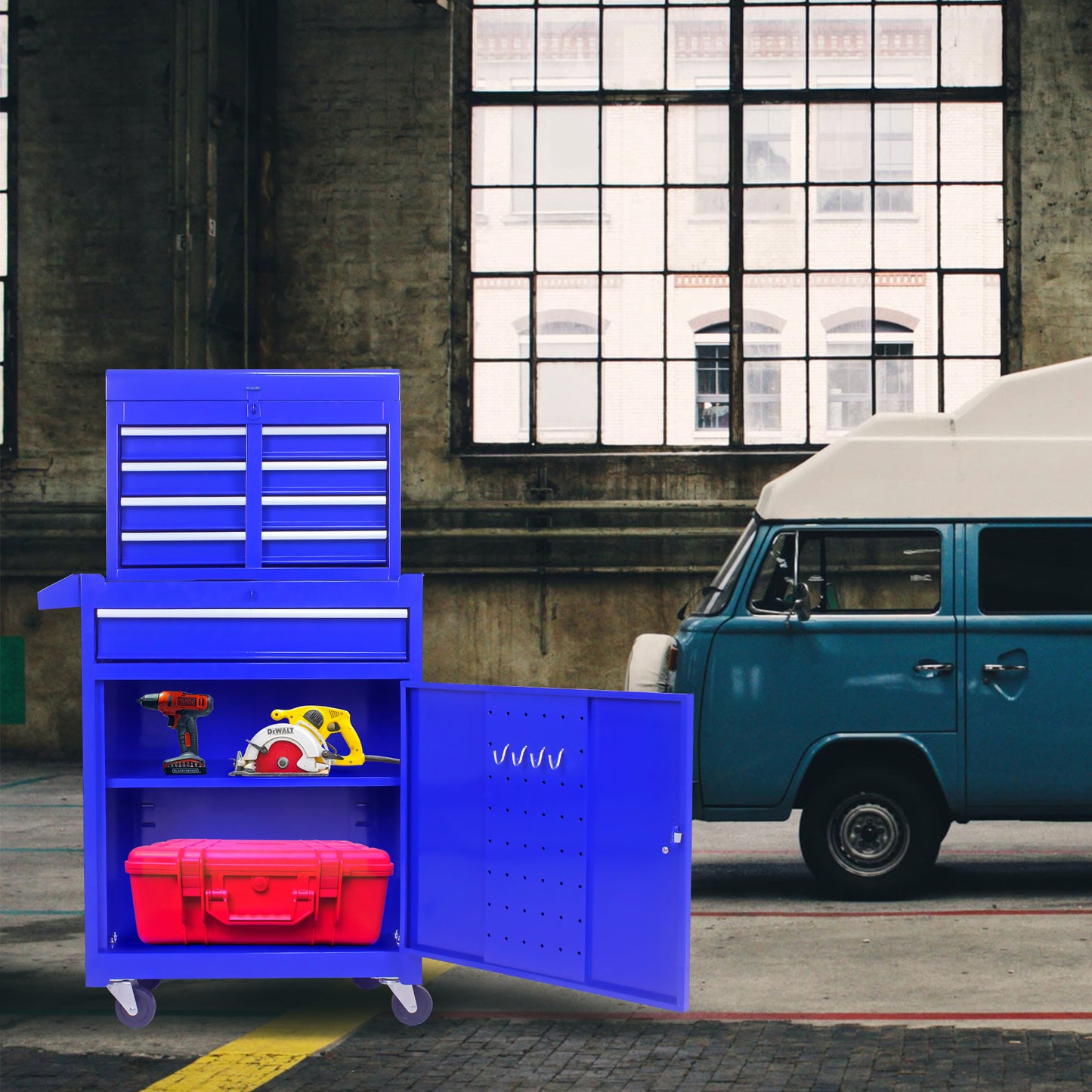 Blue Metal Tool Storage Cabinet with 5 Drawers & Bottom Shelf