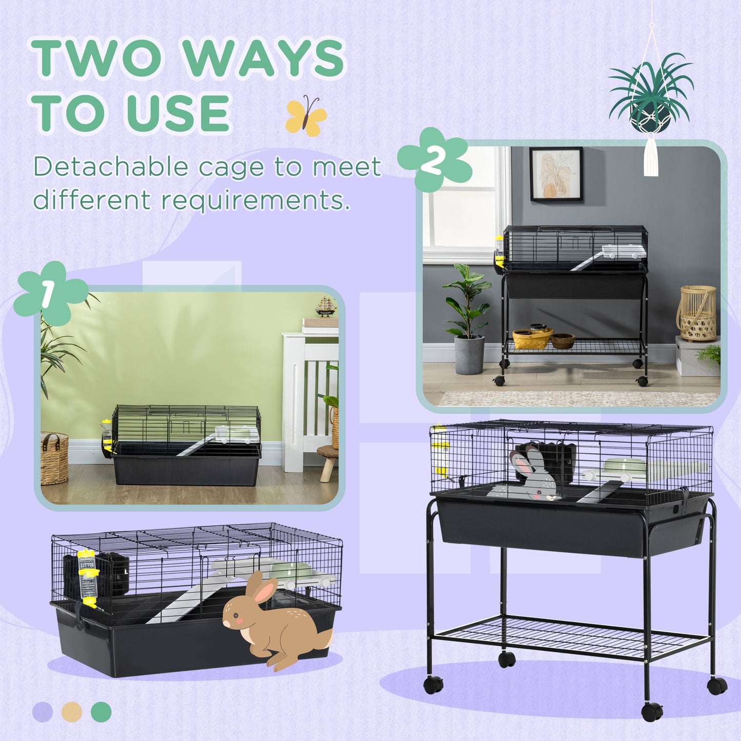 Small Animal Cage with Removable Stand, Wheels & Shelf - 33x18.5x35 in Charcoal Gray