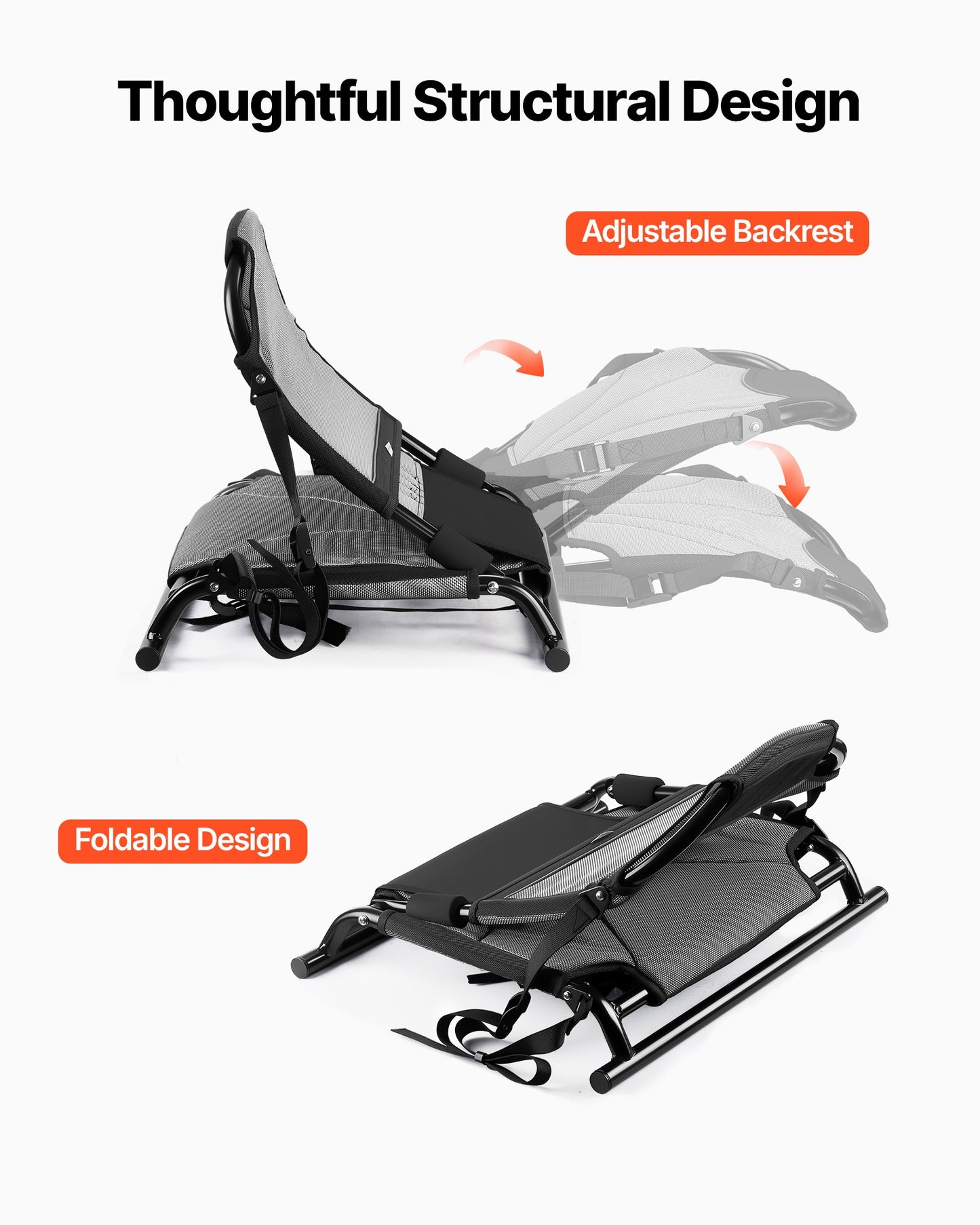 Universal Foldable Kayak Seat with Back Support and Adjustable Straps - Black