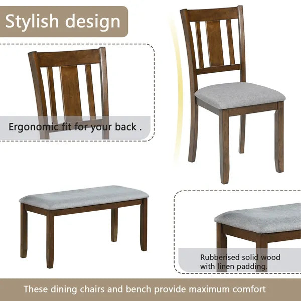 6-Piece Wooden Dining Table Set with Upholstered Chairs & Bench