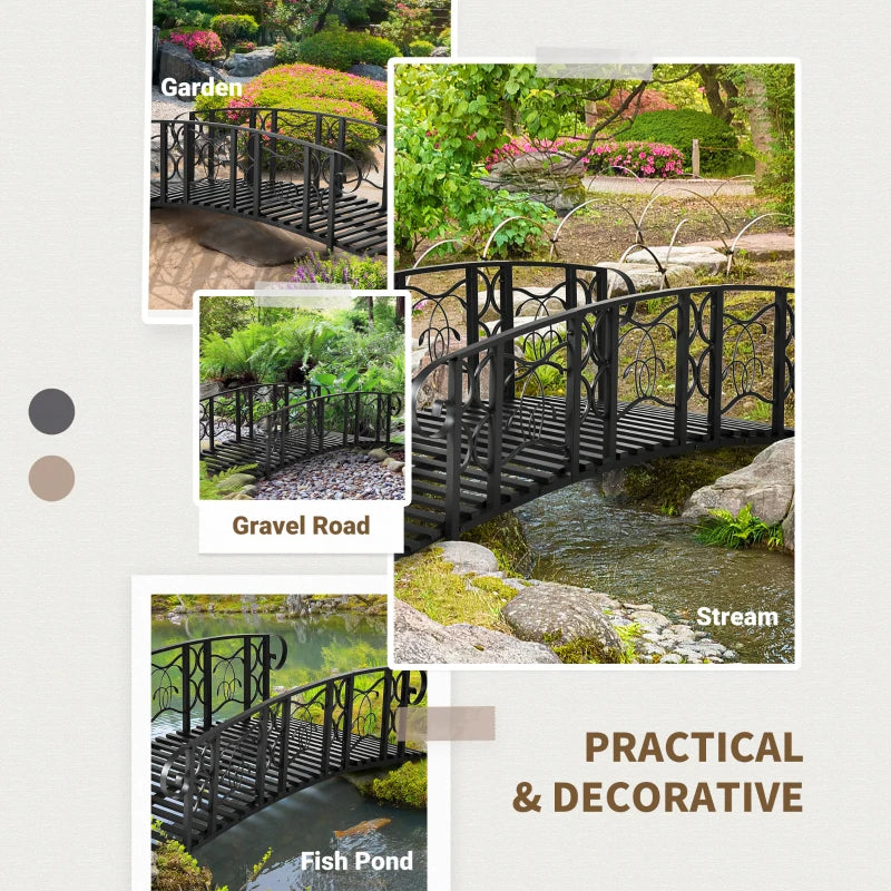 Metal Garden Bridge with 660 lbs Capacity, Safety Rail, Vine Motifs, Black