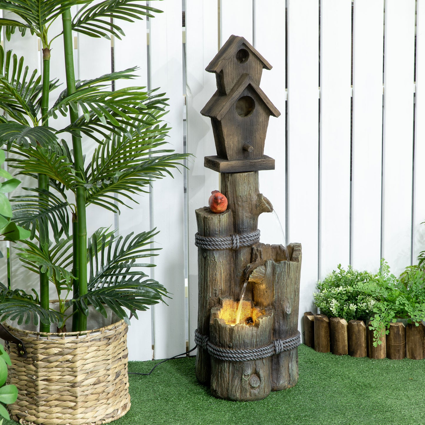 Outdoor Garden Fountain with Birdhouse and LED Lights - Rustic Tree Trunk Design