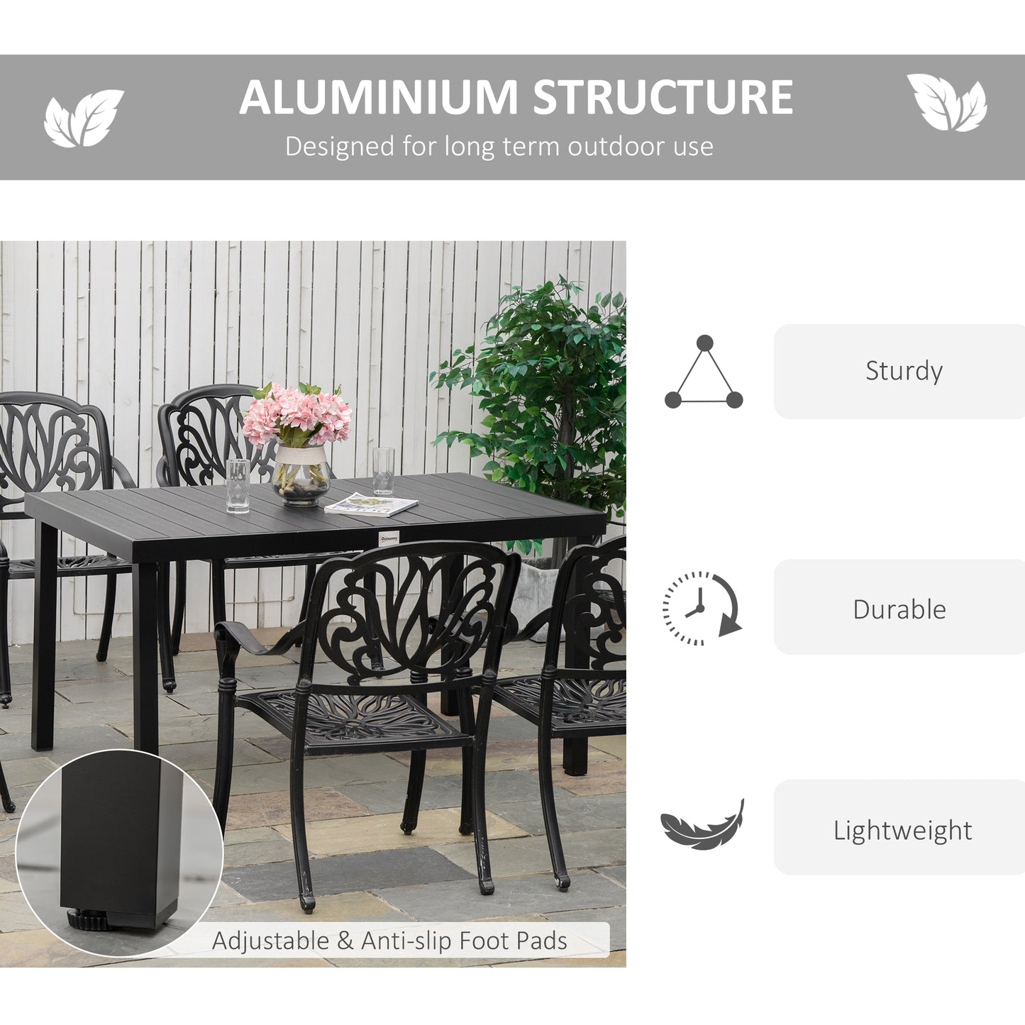 Outdoor Dining Table for 6 - Rectangular Patio Table with Aluminum Frame - Black