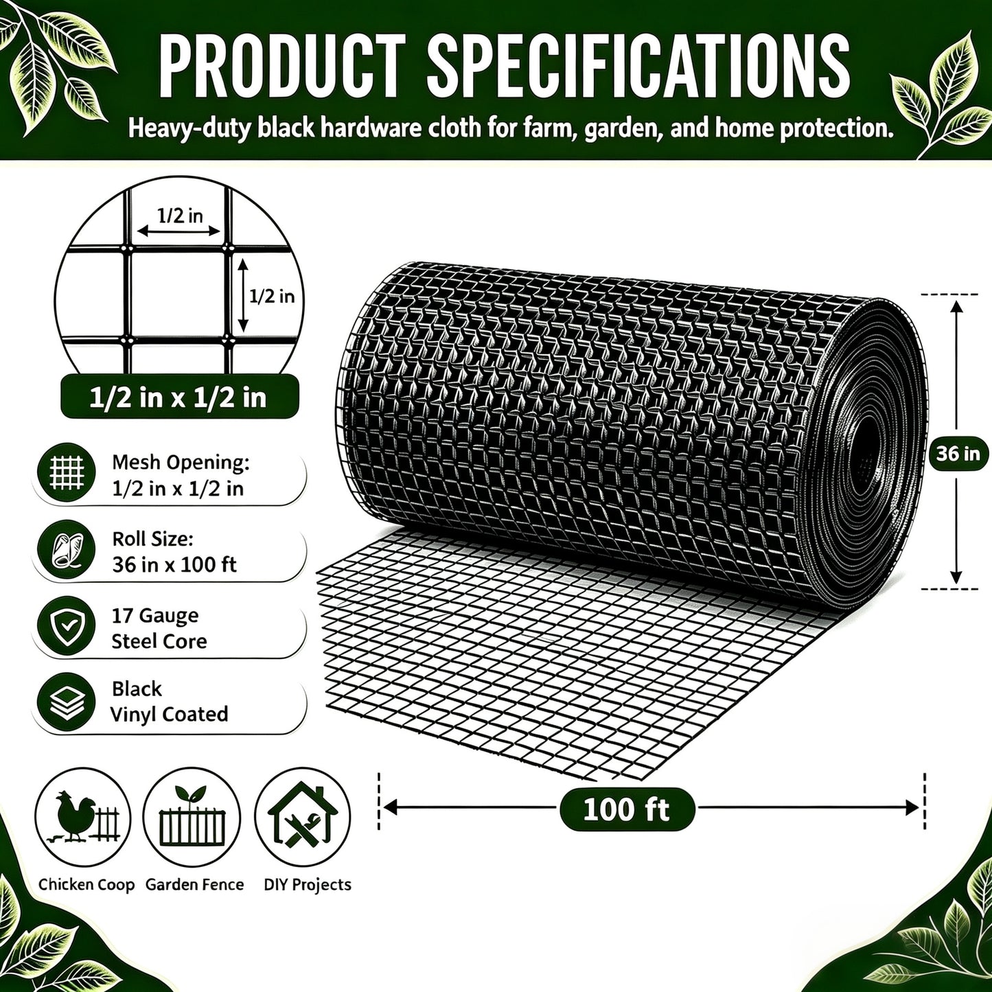 Black Metal Mesh Chicken Wire Roll - 36in x 100ft for Fencing
