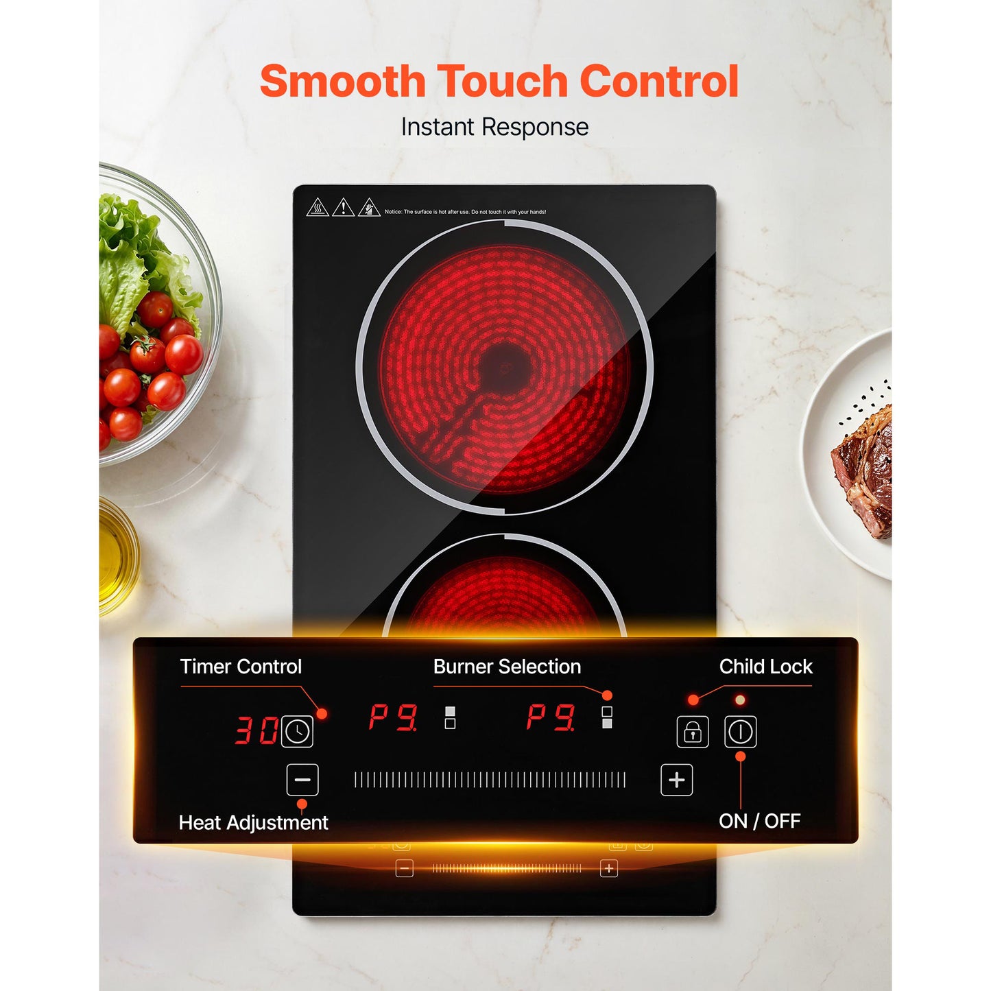 12-Inch Electric Cooktop with 2 Burners, 1800W Portable Ceramic Stove, Touch Control & Safety Features