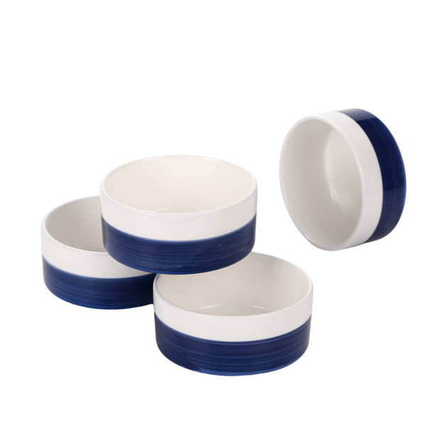 10 oz White-Blue Ceramic Bowls Set of 4 - Microwave & Dishwasher Safe