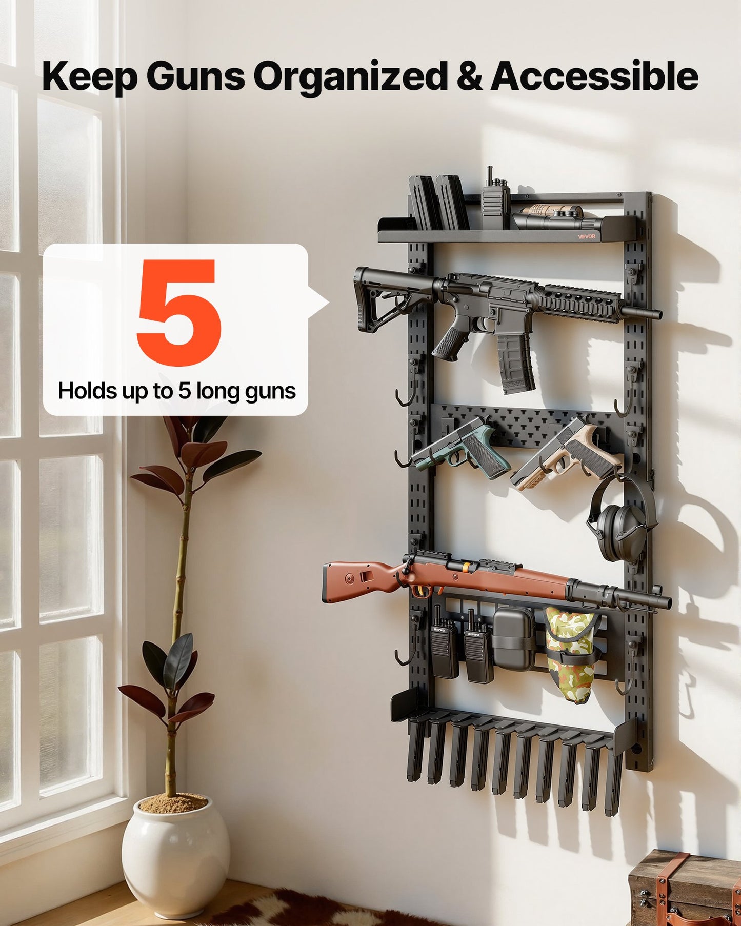 Wall Mount Gun Rack for Rifles & Shotguns – Heavy Duty Steel, Holds 5 Firearms with Magazine & Tactical Storage