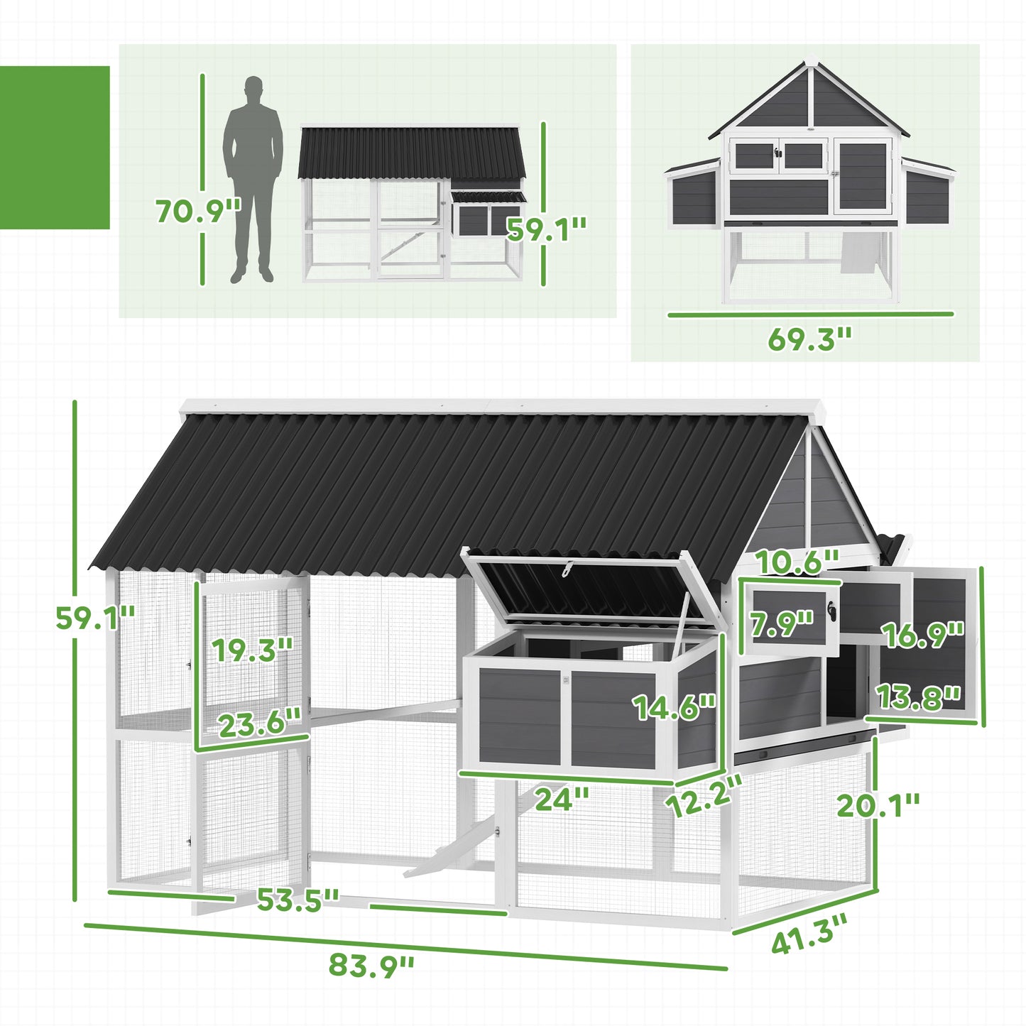 Wooden Chicken Coop with Run and Nesting Boxes - Gray, 1170x785x182mm