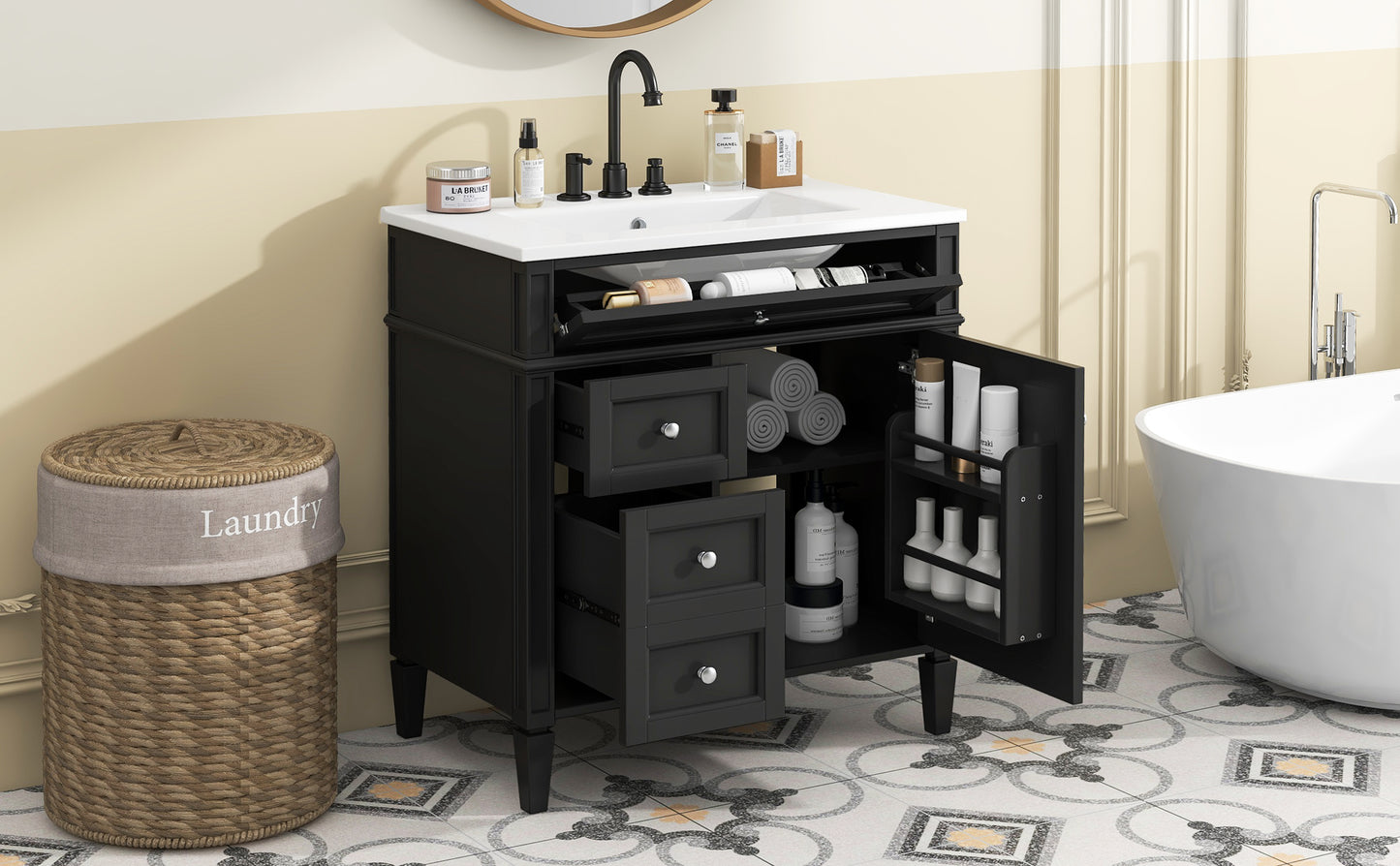 30'' Modern Bathroom Vanity with Ceramic Sink and Storage - Black