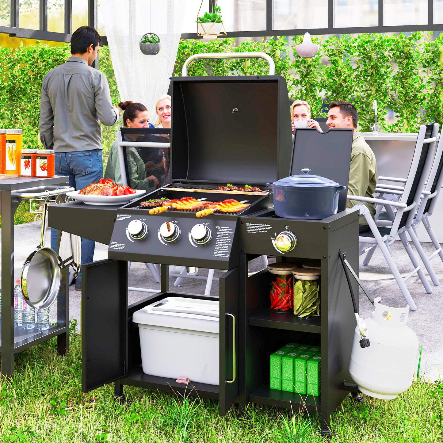 3-Burner Propane Gas Grill with Side Burner and Shelves
